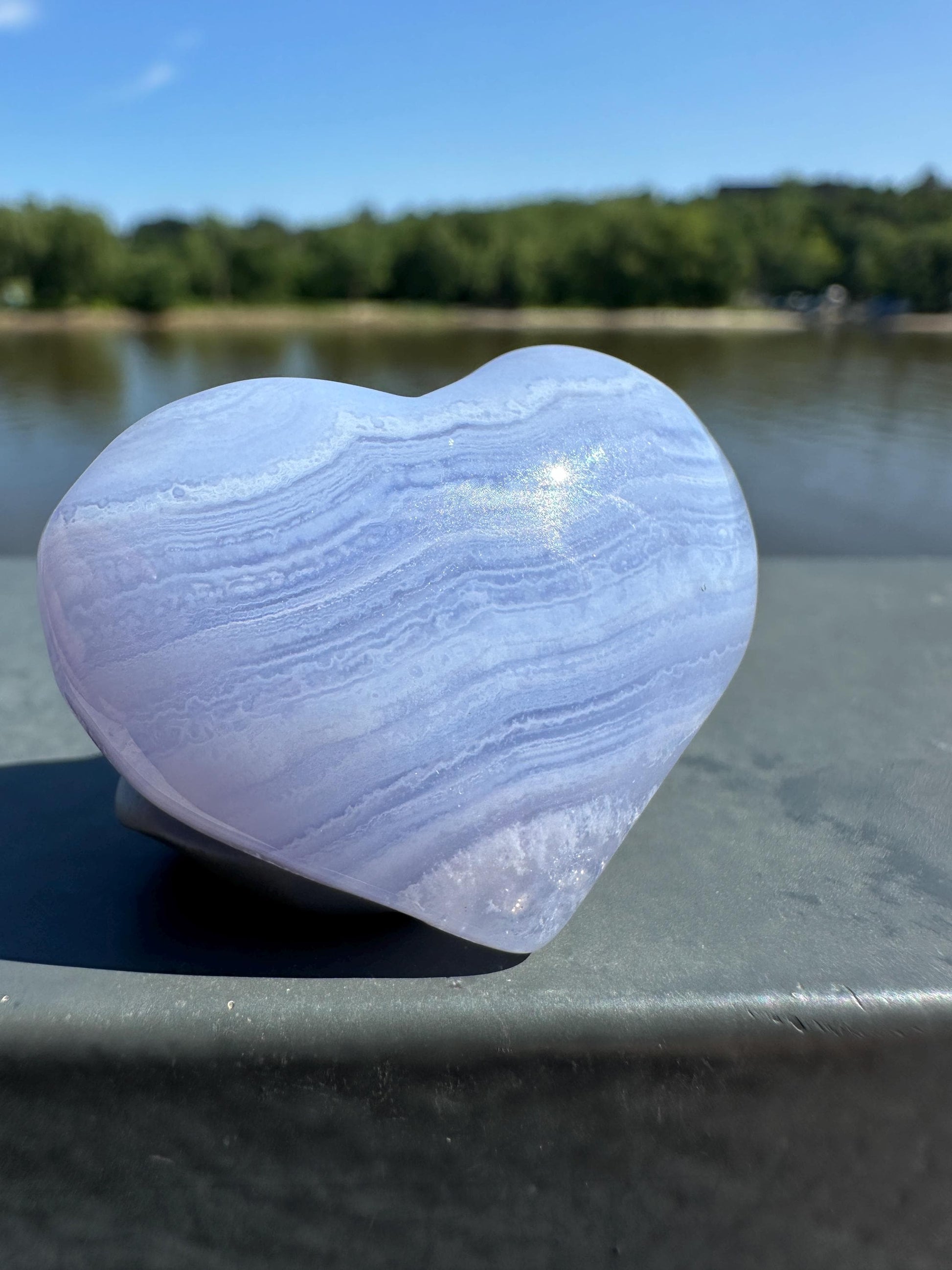 Blue Lace Agate Heart Carving with Gorgeous Banding