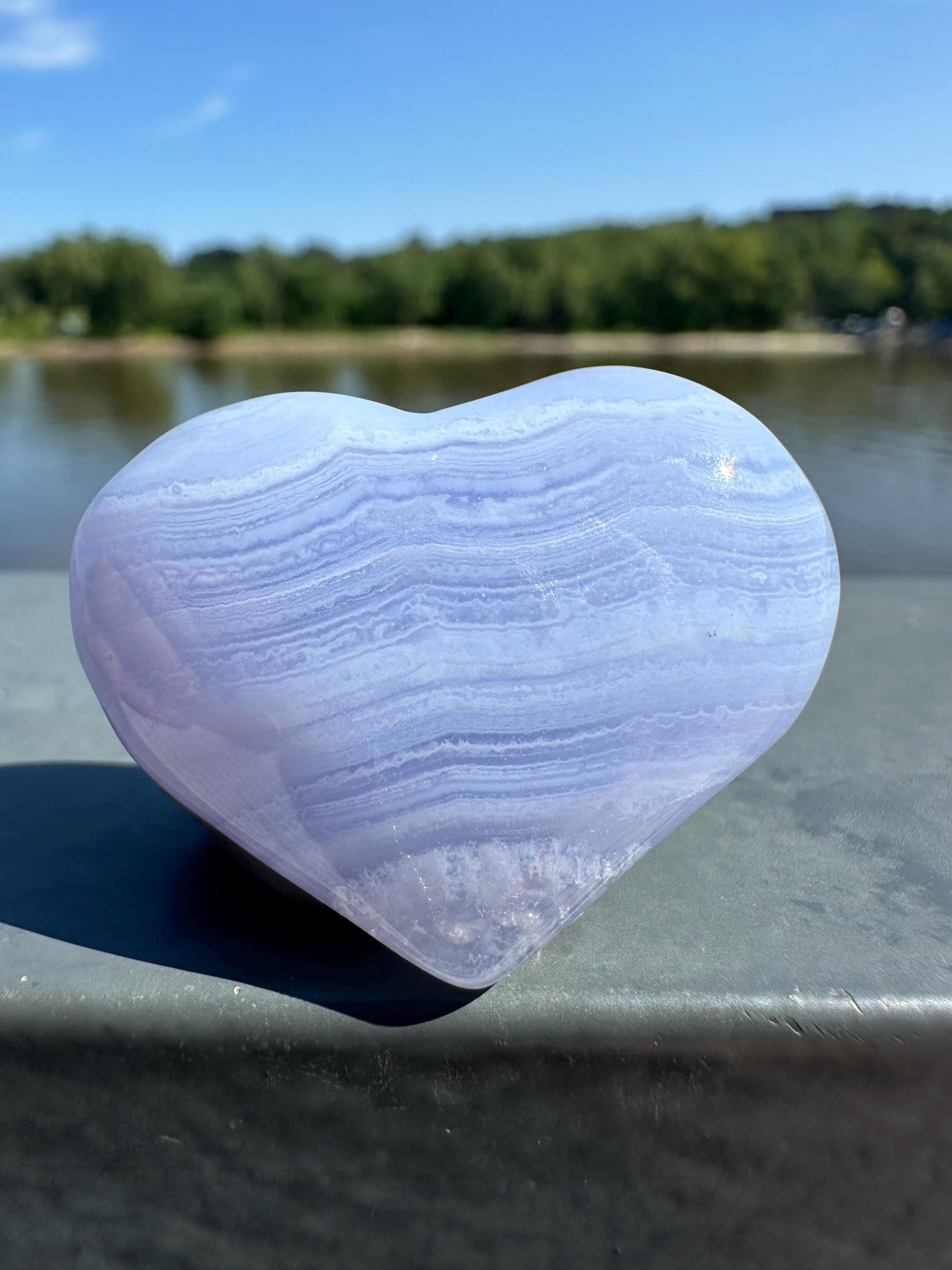 Blue Lace Agate Heart Carving with Gorgeous Banding