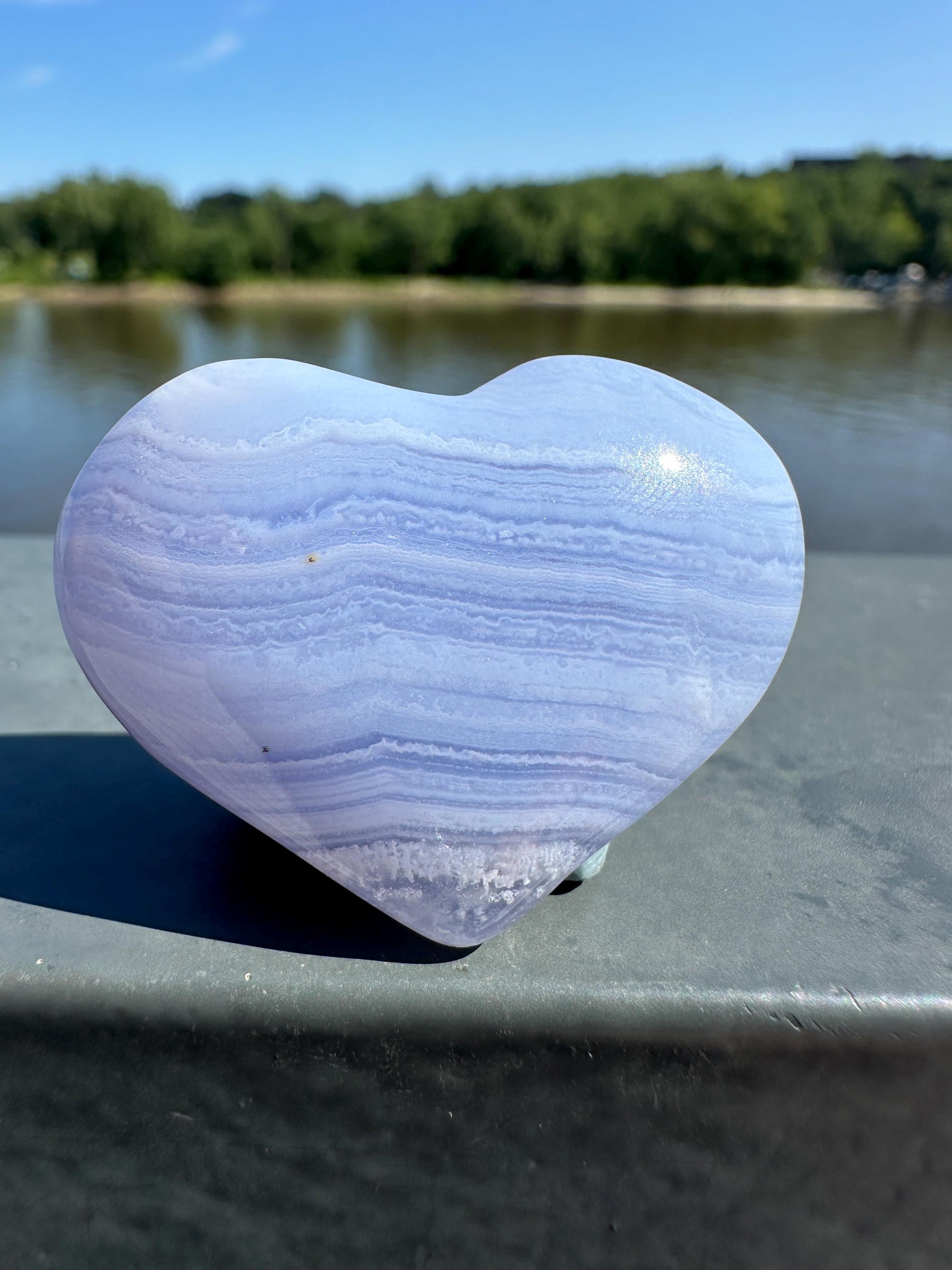 Blue Lace Agate Heart Carving with Gorgeous Banding