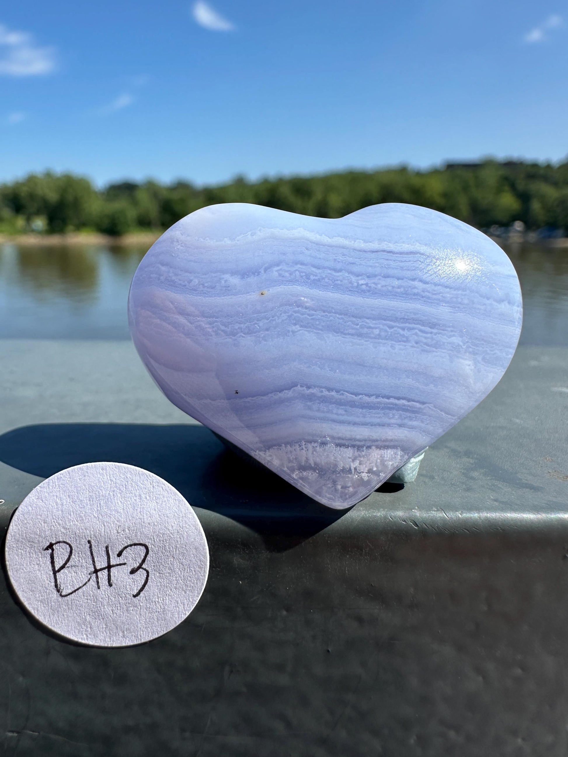 Blue Lace Agate Heart Carving with Gorgeous Banding