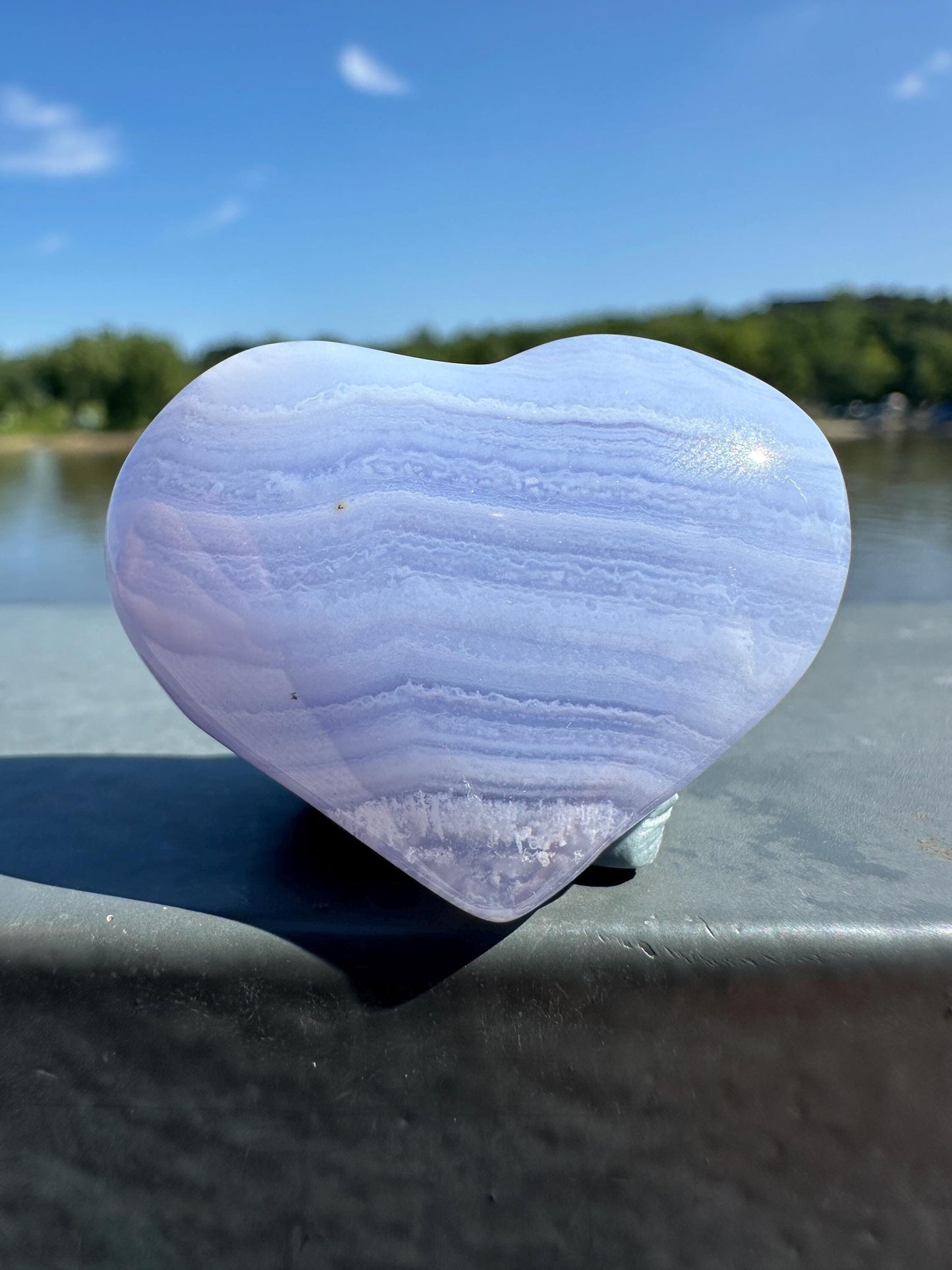 Blue Lace Agate Heart Carving with Gorgeous Banding