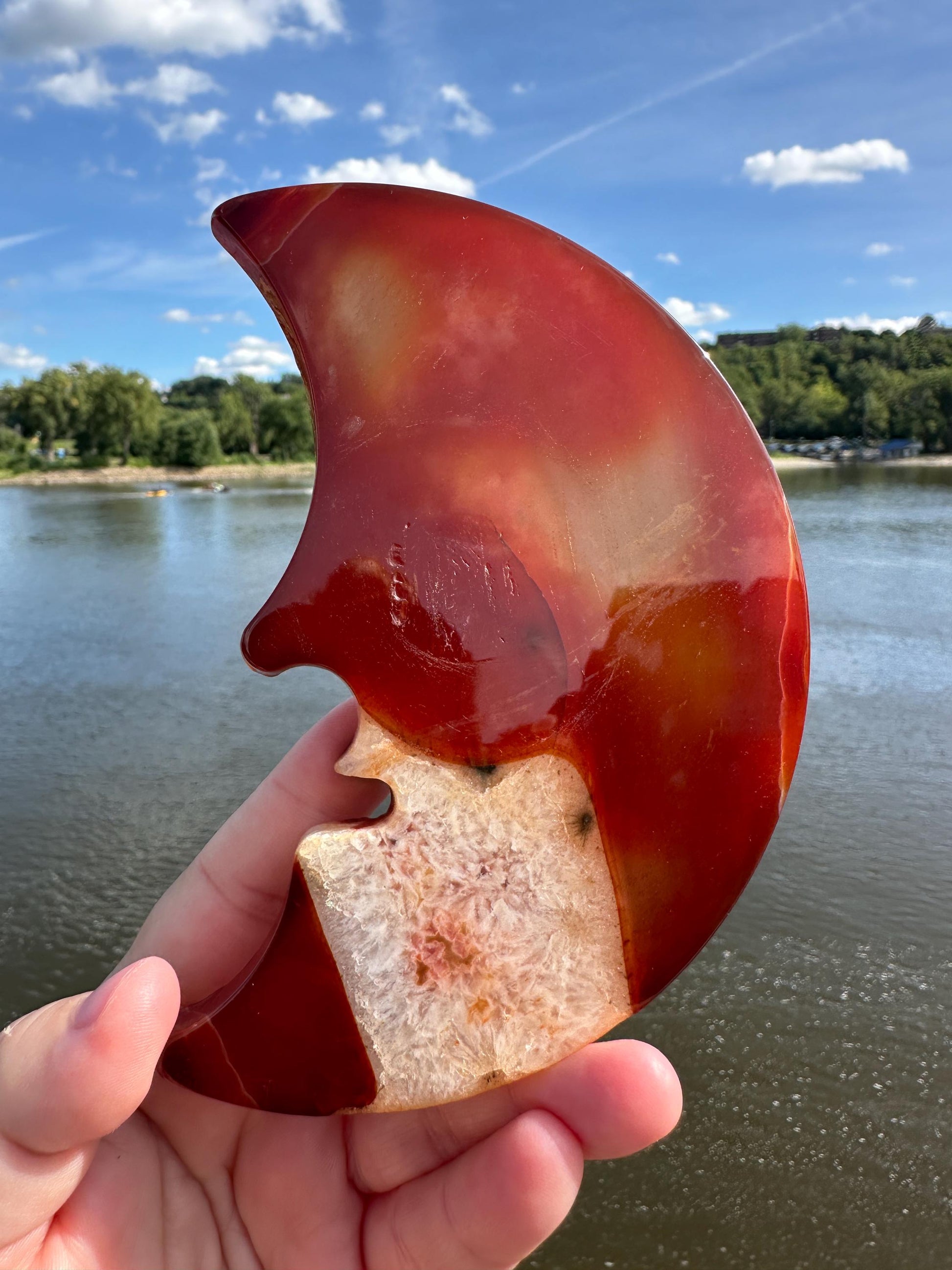 Stunning Carnelian Druzy Pocket Moon Carving with Quartz
