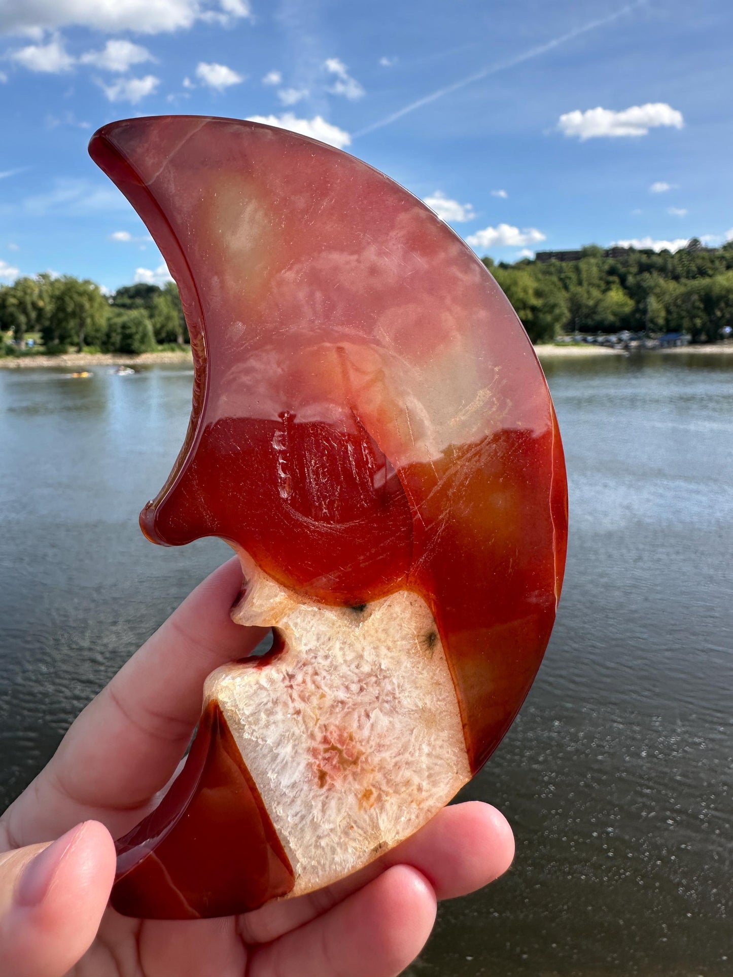 Stunning Carnelian Druzy Pocket Moon Carving with Quartz