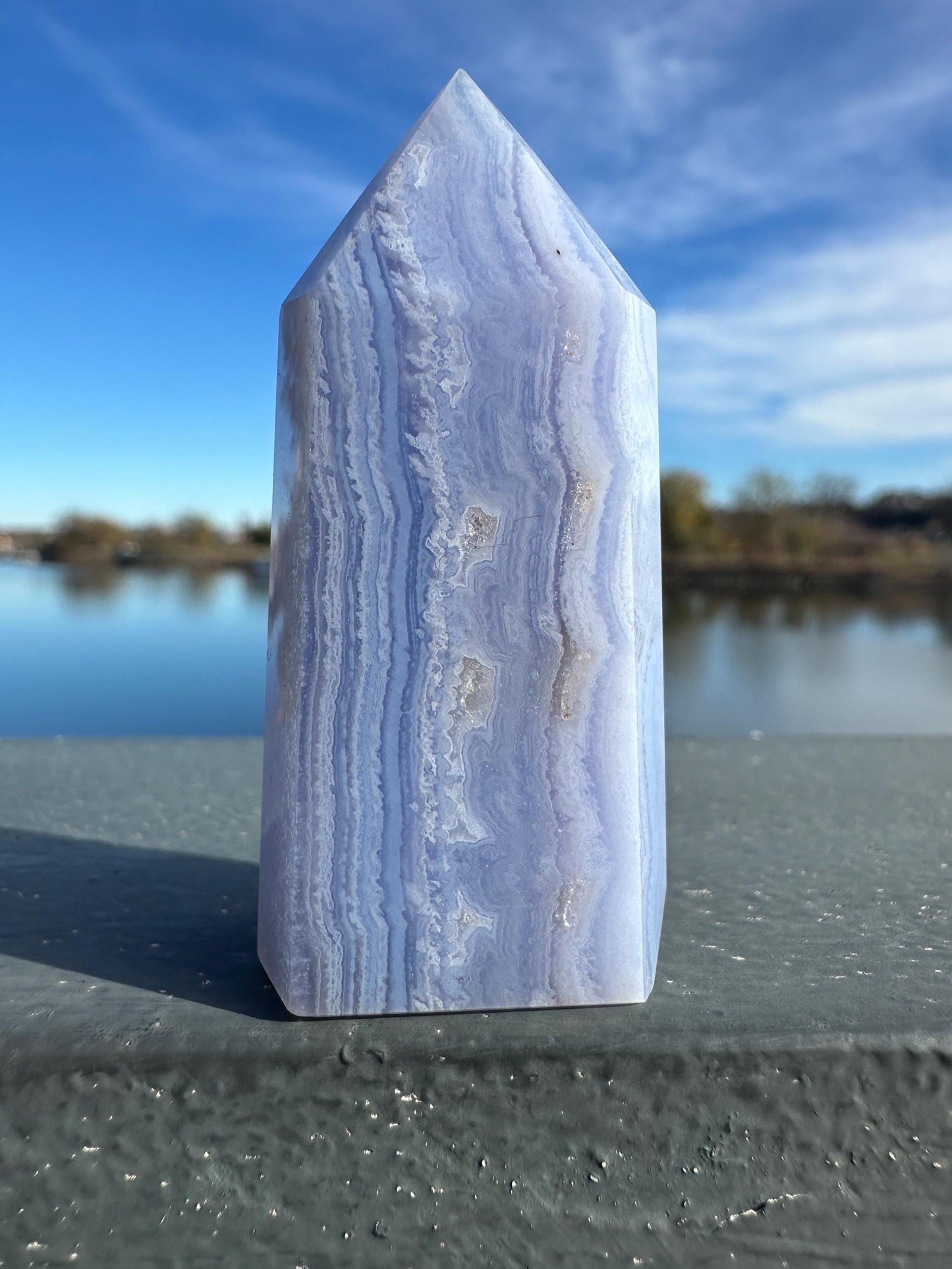 Blue Lace Agate Tower Carving with Gorgeous Banding