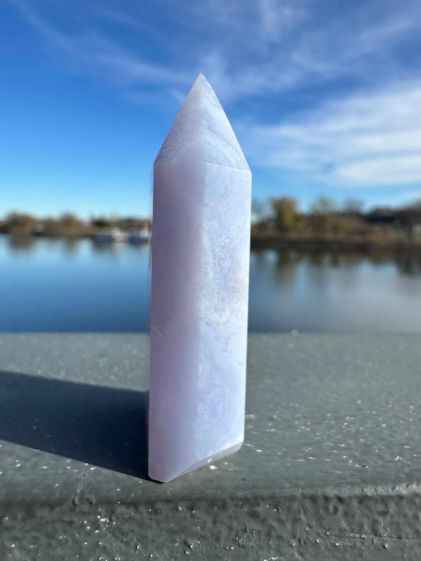 Blue Lace Agate Tower Carving with Gorgeous Banding