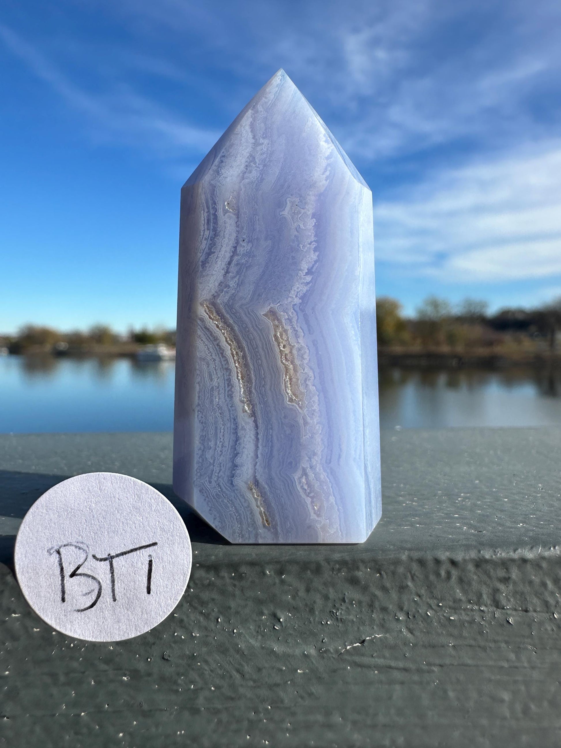 Blue Lace Agate Tower Carving with Gorgeous Banding