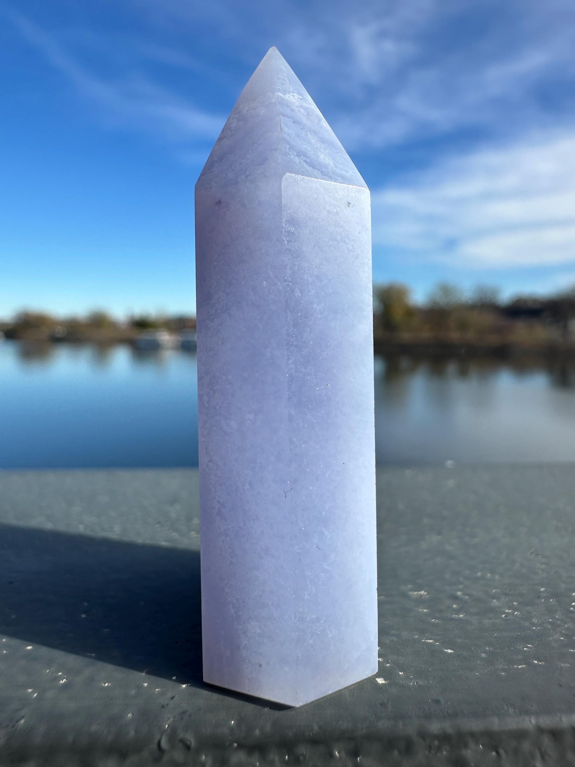 Blue Lace Agate Tower Carving with Gorgeous Banding