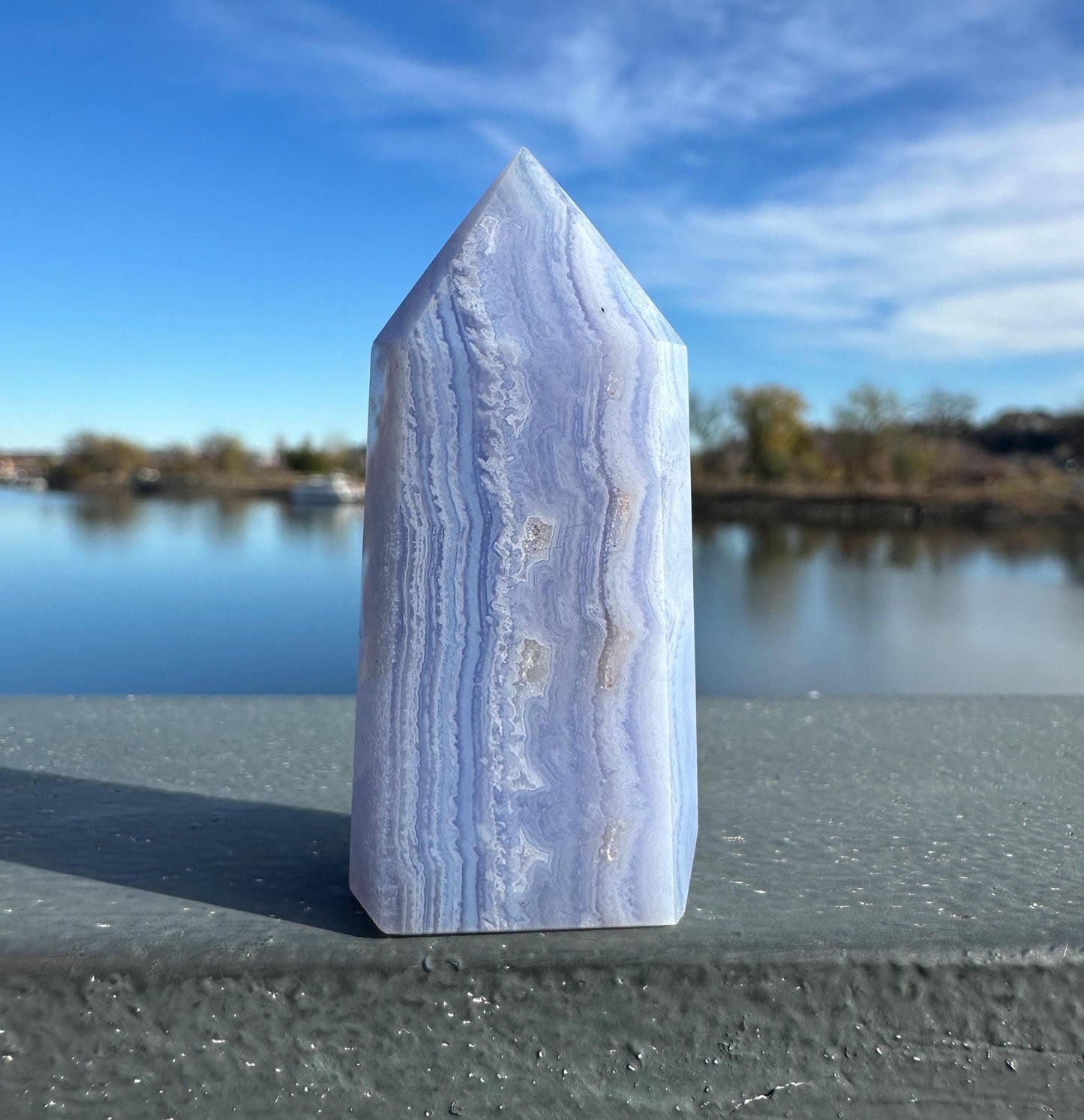 Blue Lace Agate Tower Carving with Gorgeous Banding