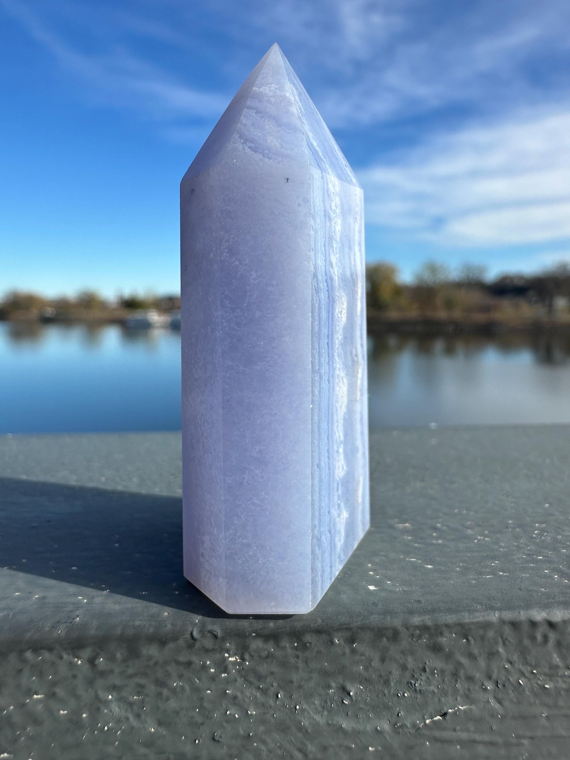 Blue Lace Agate Tower Carving with Gorgeous Banding