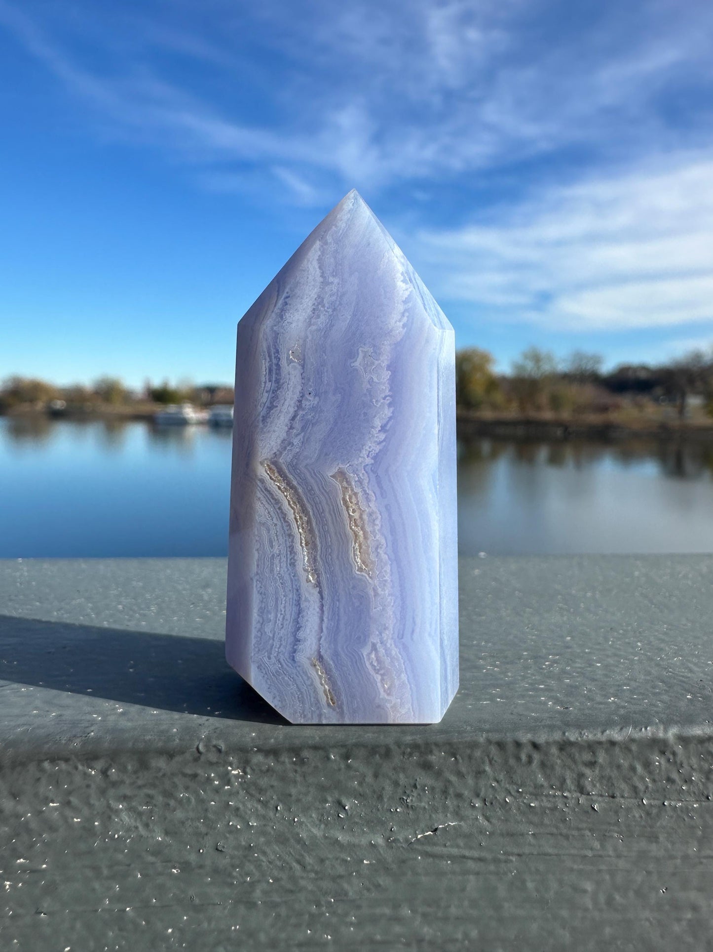 Blue Lace Agate Tower Carving with Gorgeous Banding