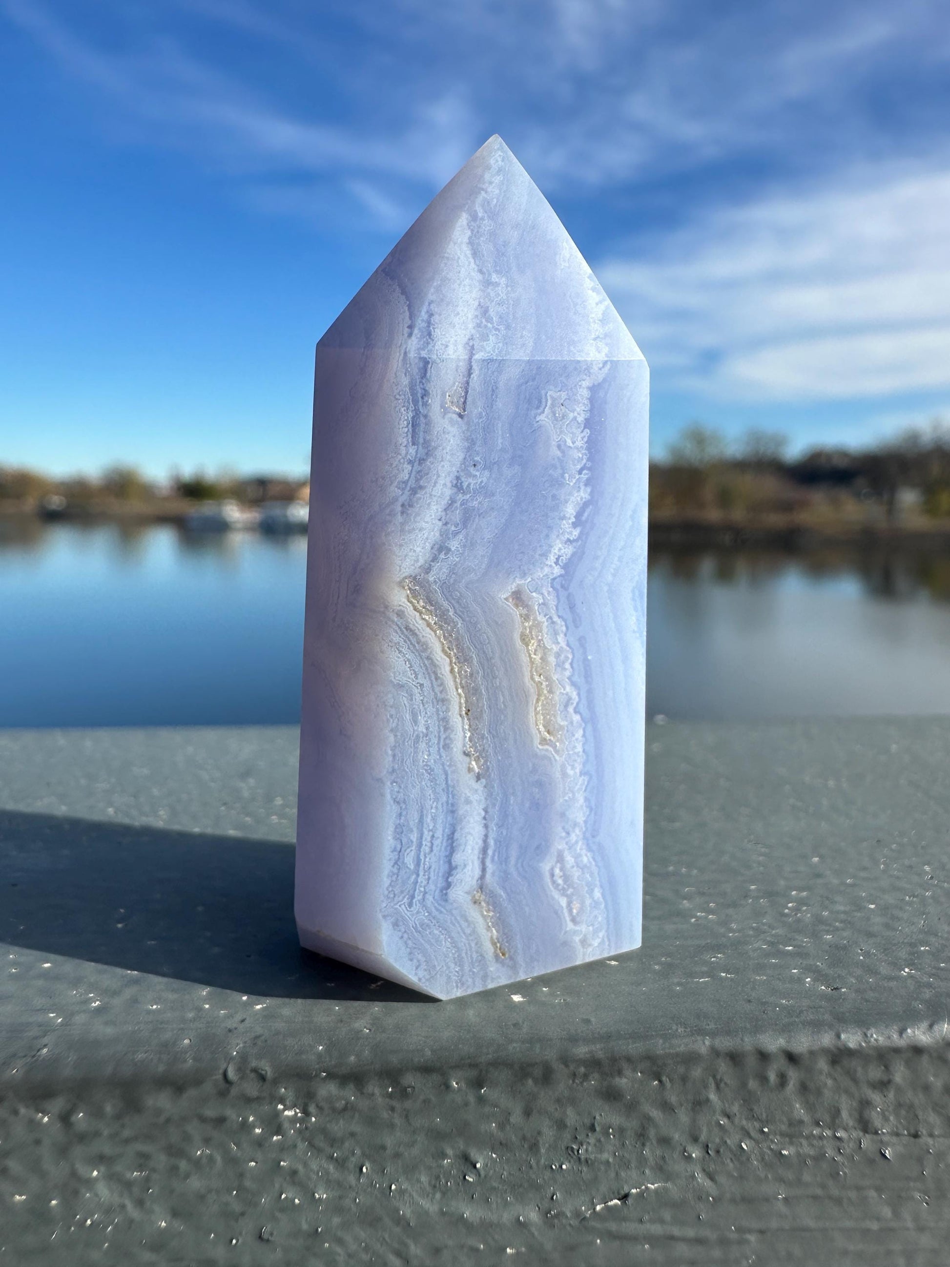 Blue Lace Agate Tower Carving with Gorgeous Banding