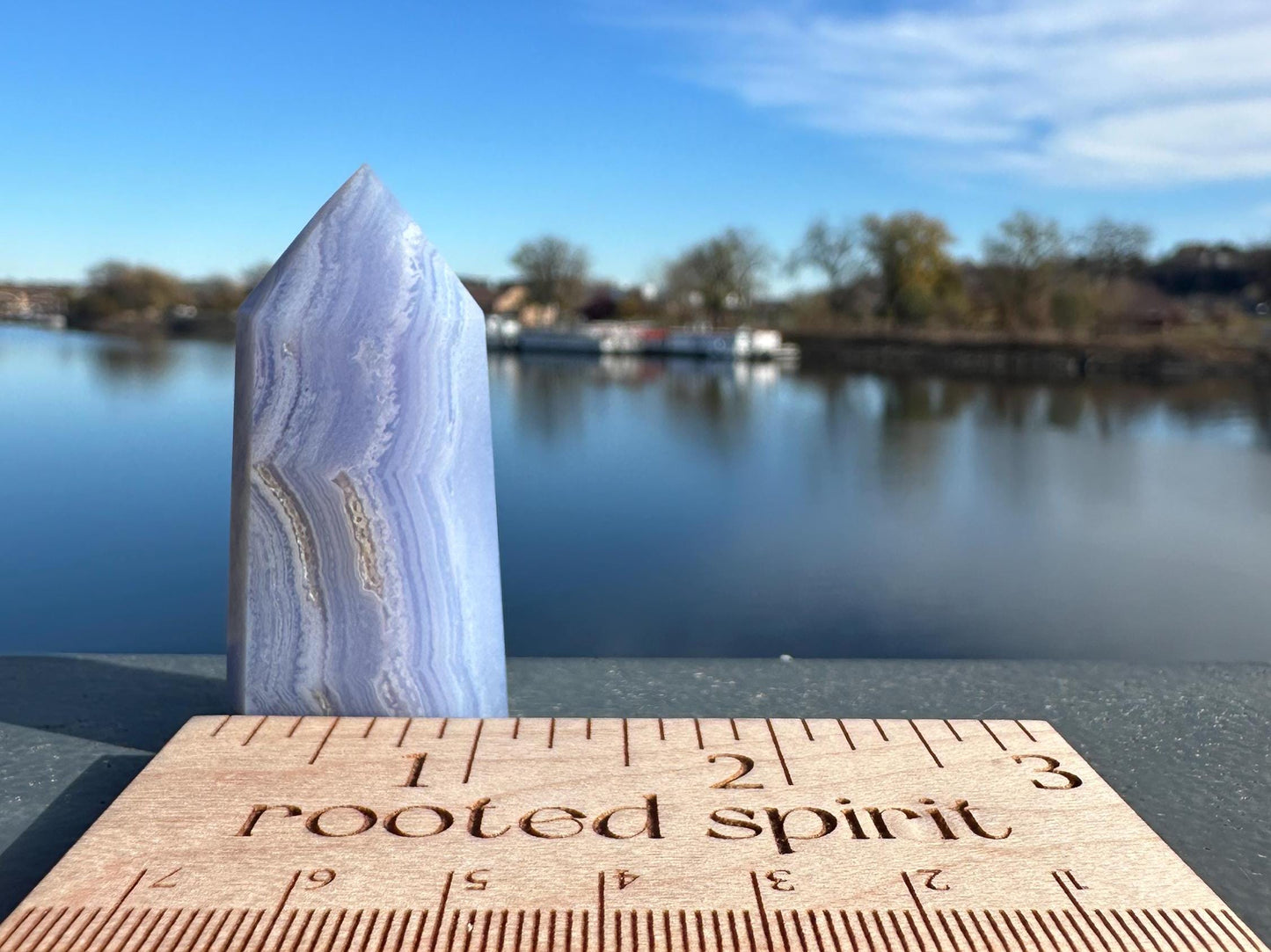 Blue Lace Agate Tower Carving with Gorgeous Banding