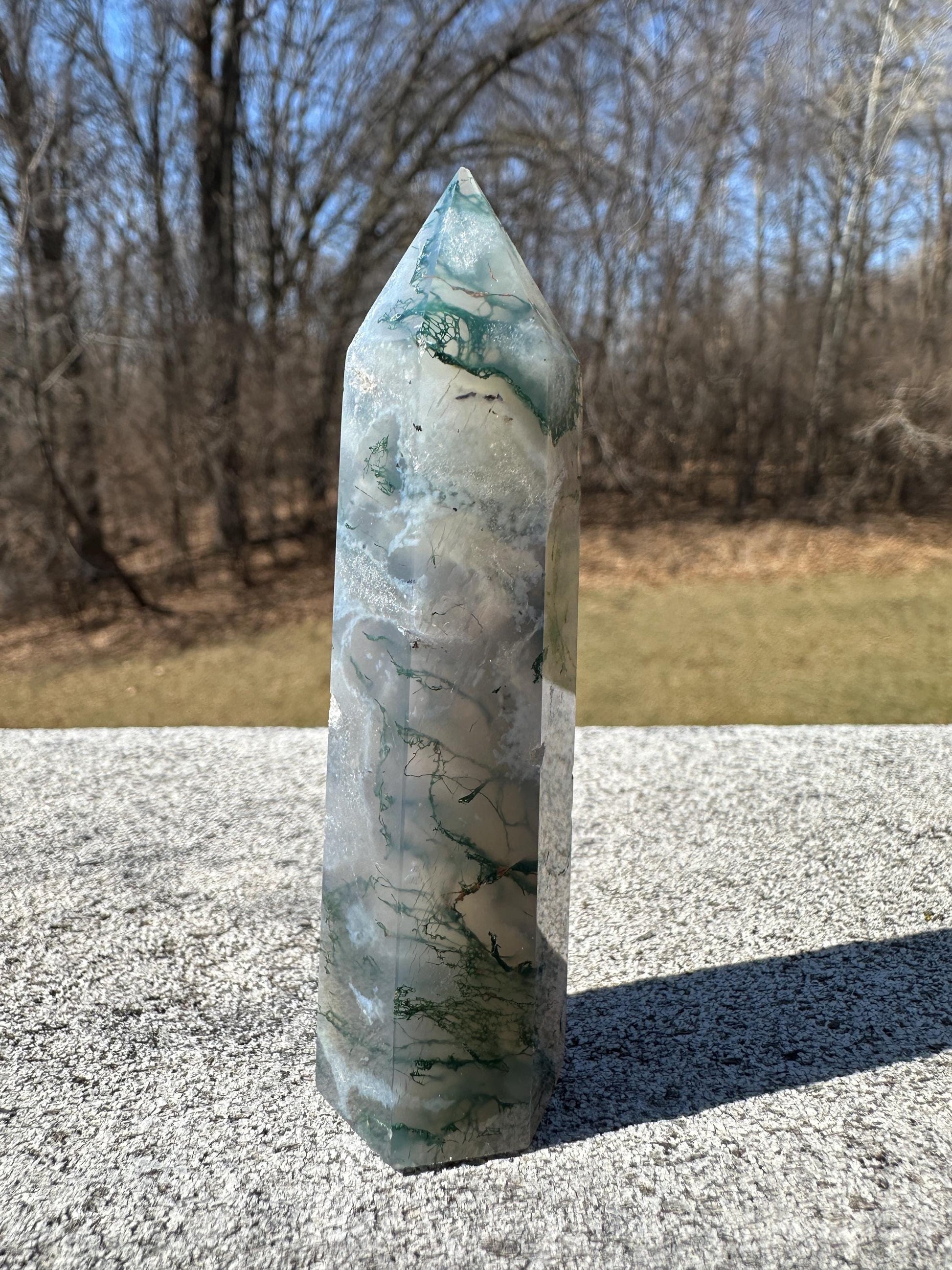 Beautiful Moss Agate Tower Carving with Quartz and a Druzy Pocket