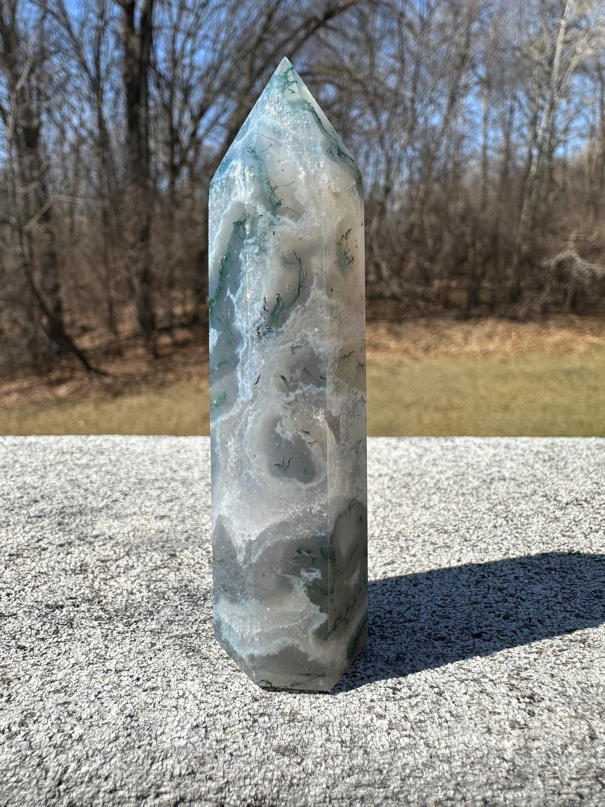 Beautiful Moss Agate Tower Carving with Quartz and a Druzy Pocket