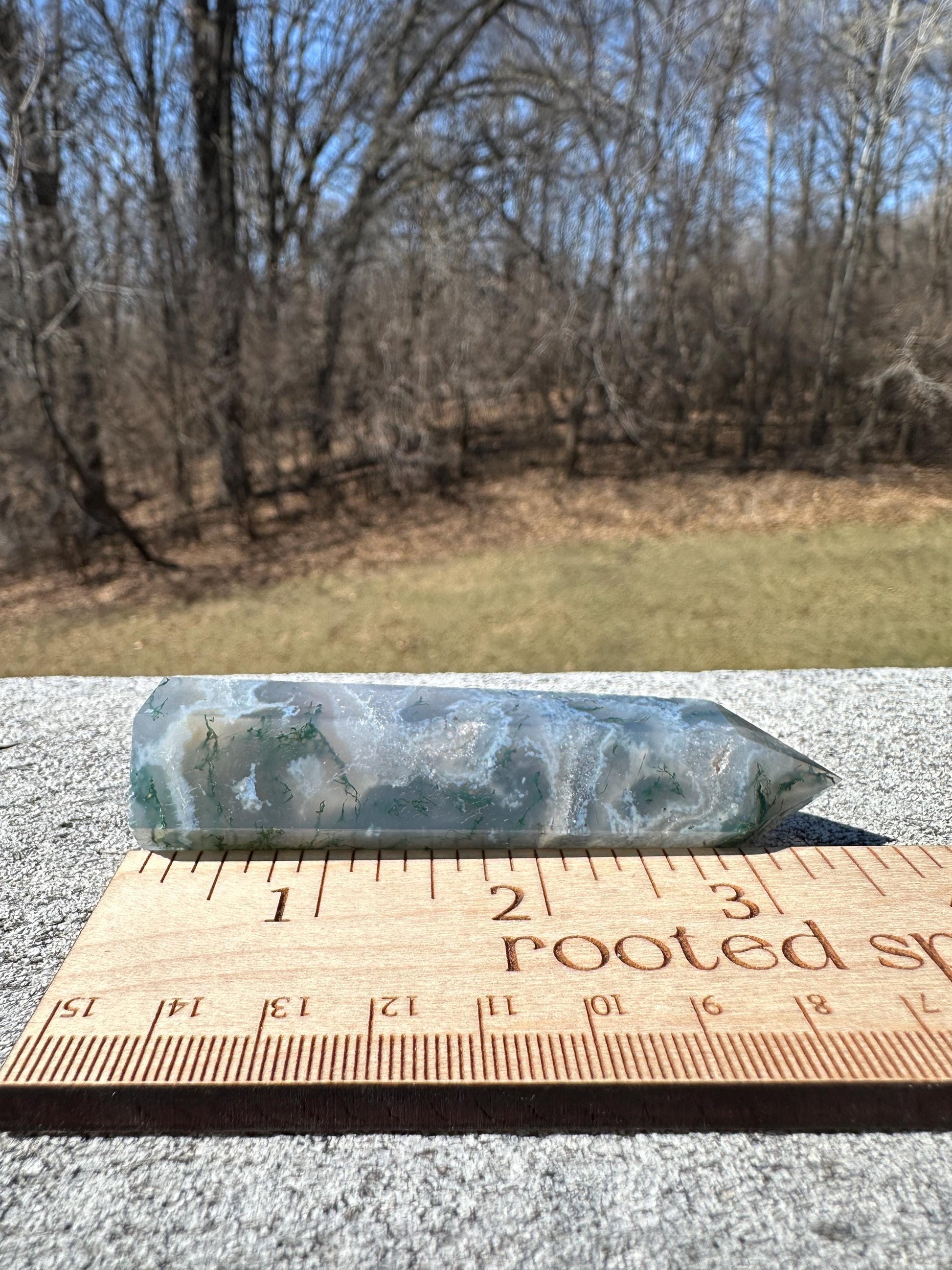 Beautiful Moss Agate Tower Carving with Quartz and a Druzy Pocket