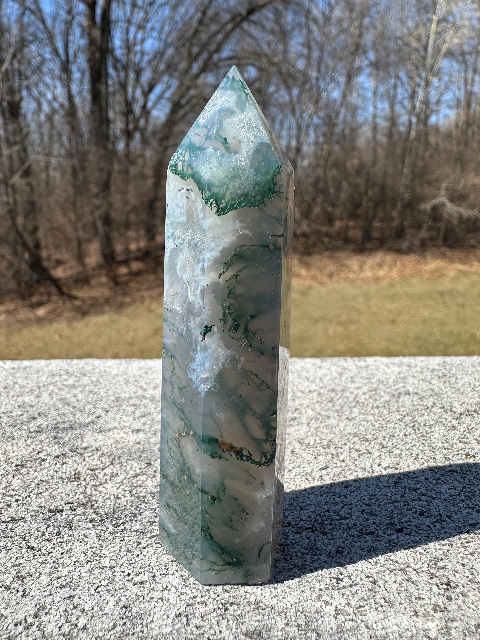 Beautiful Moss Agate Tower Carving with Quartz and a Druzy Pocket
