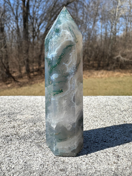 Beautiful Moss Agate Tower Carving with Quartz and a Druzy Pocket