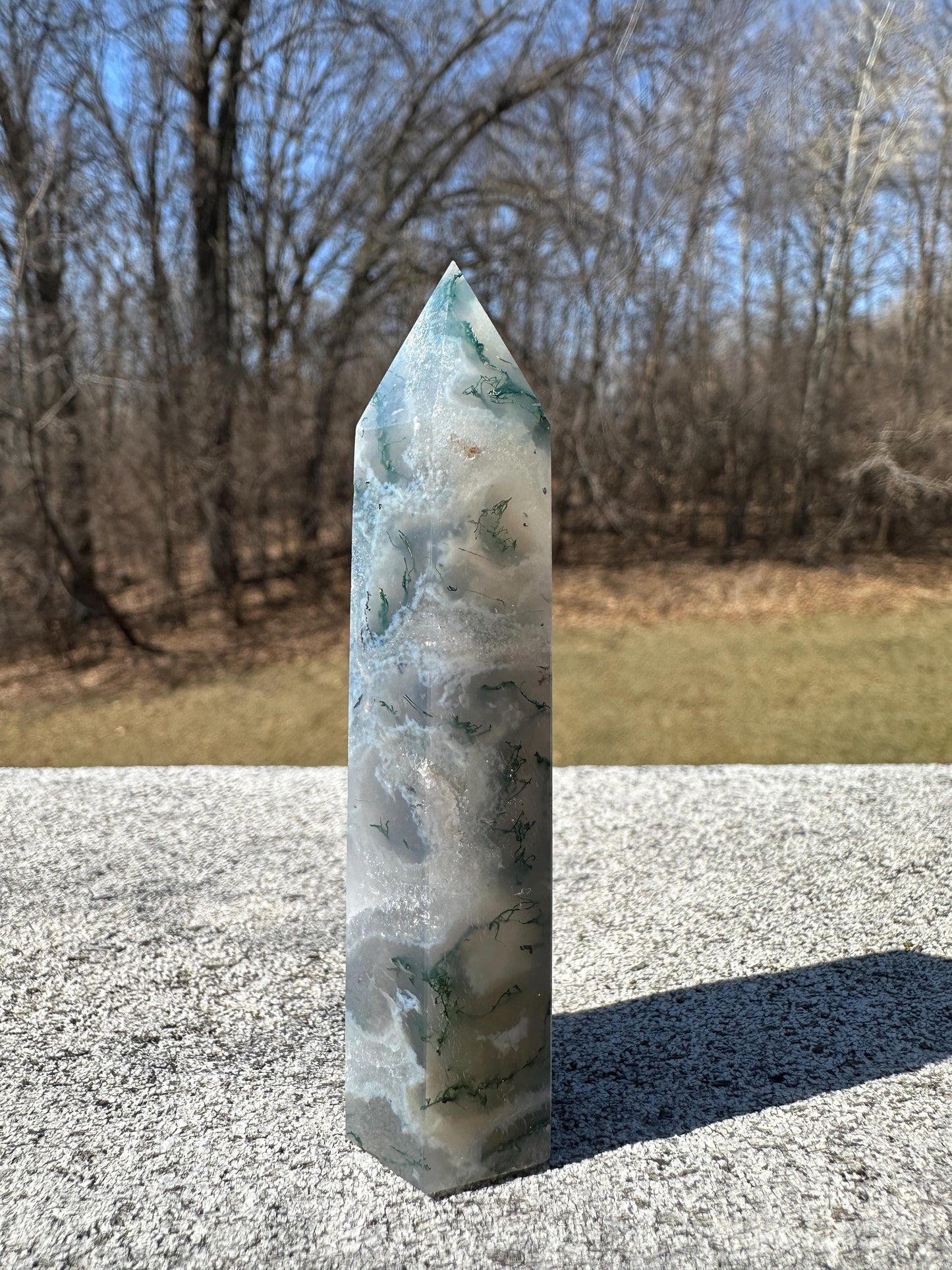Beautiful Moss Agate Tower Carving with Quartz and a Druzy Pocket