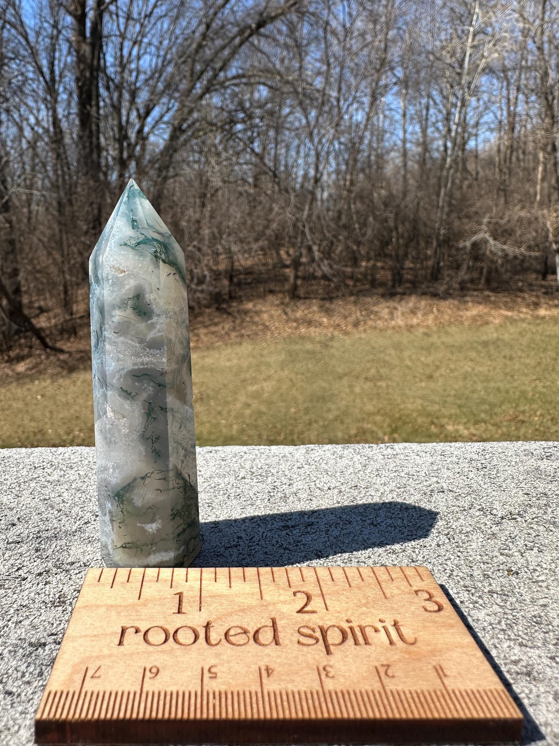 Beautiful Moss Agate Tower Carving with Quartz and a Druzy Pocket