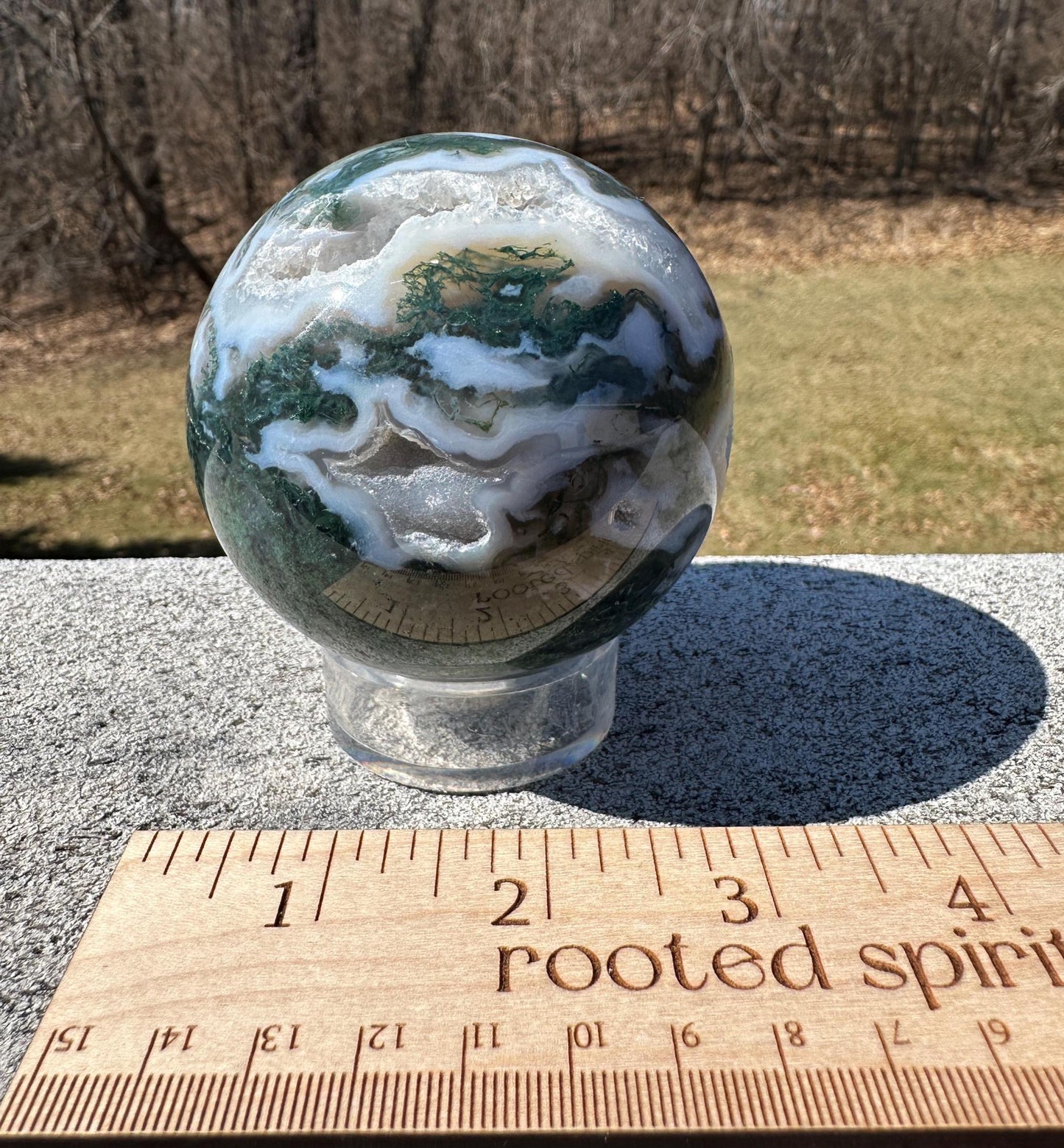 Beautiful 75mm Moss Agate Sphere Carving with Quartz and Druzy