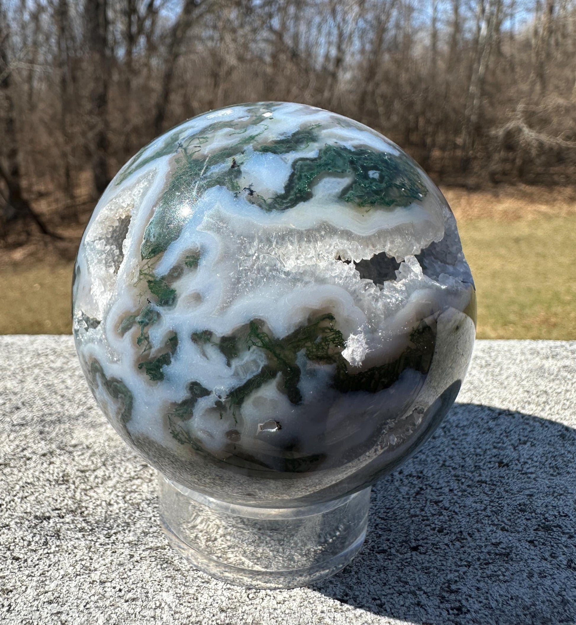 Beautiful 75mm Moss Agate Sphere Carving with Quartz and Druzy