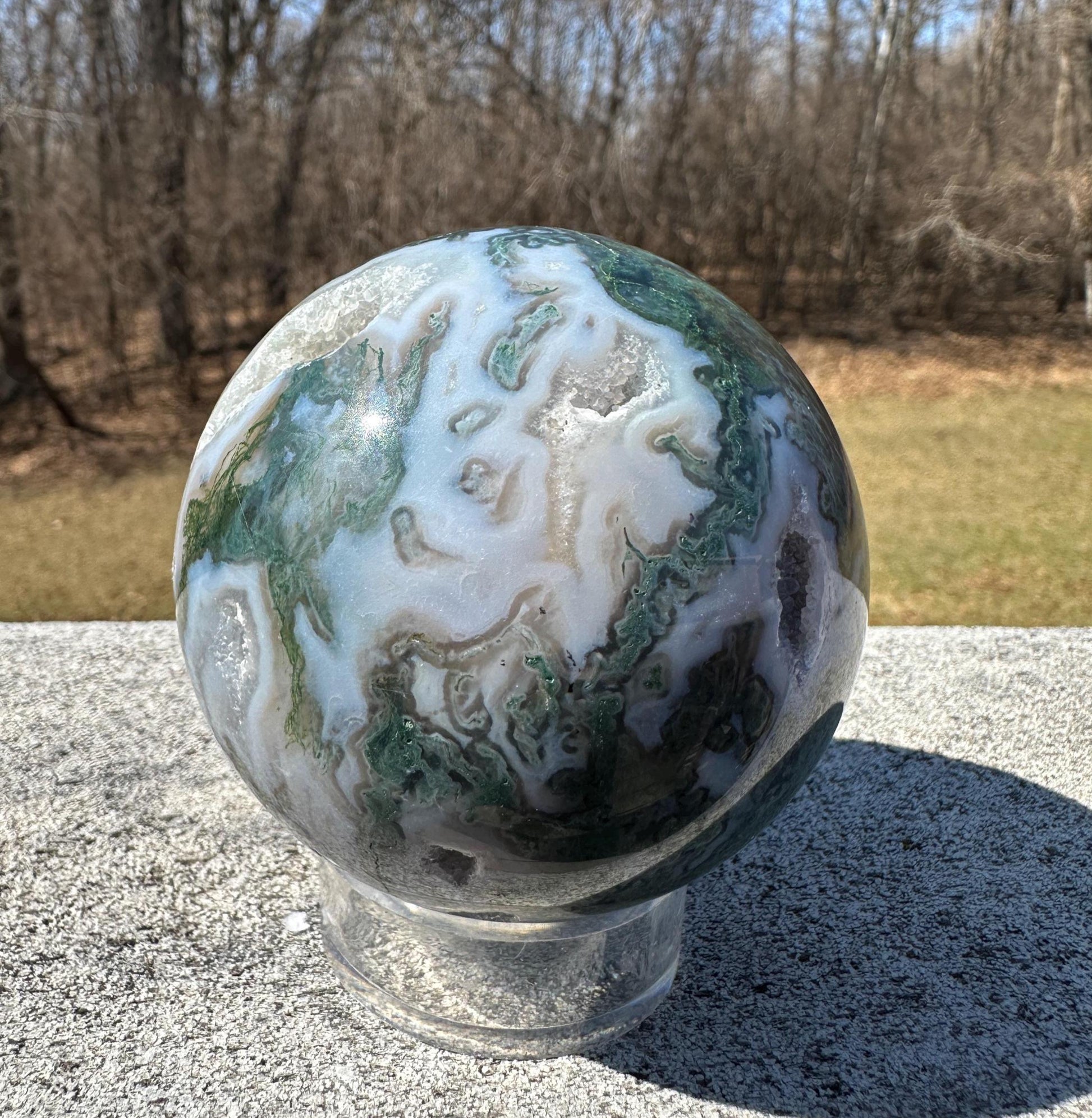 Beautiful 75mm Moss Agate Sphere Carving with Quartz and Druzy