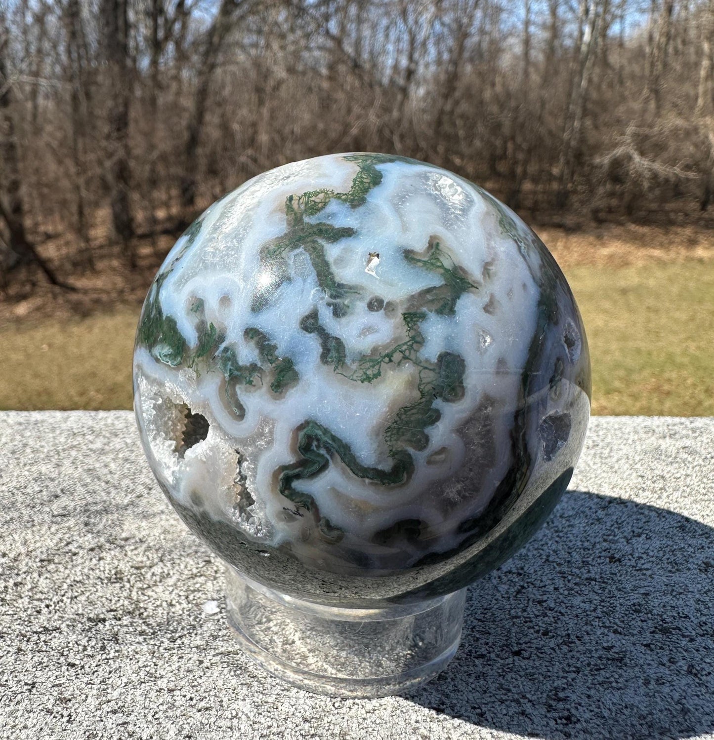 Beautiful 75mm Moss Agate Sphere Carving with Quartz and Druzy