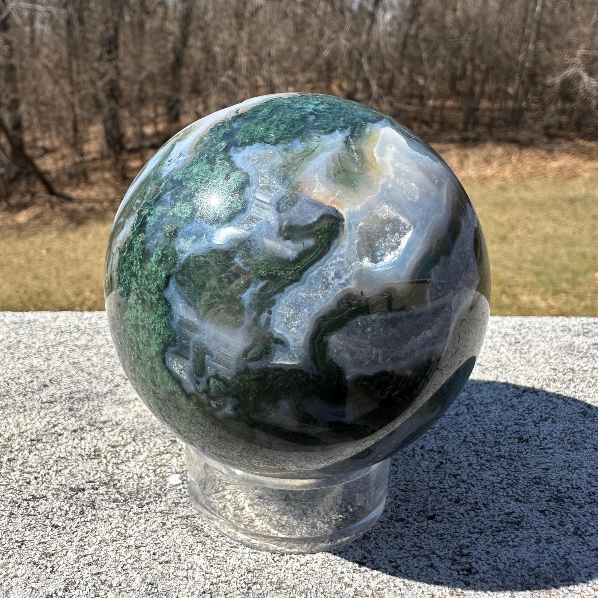 Beautiful 75mm Moss Agate Sphere Carving with Quartz and Druzy