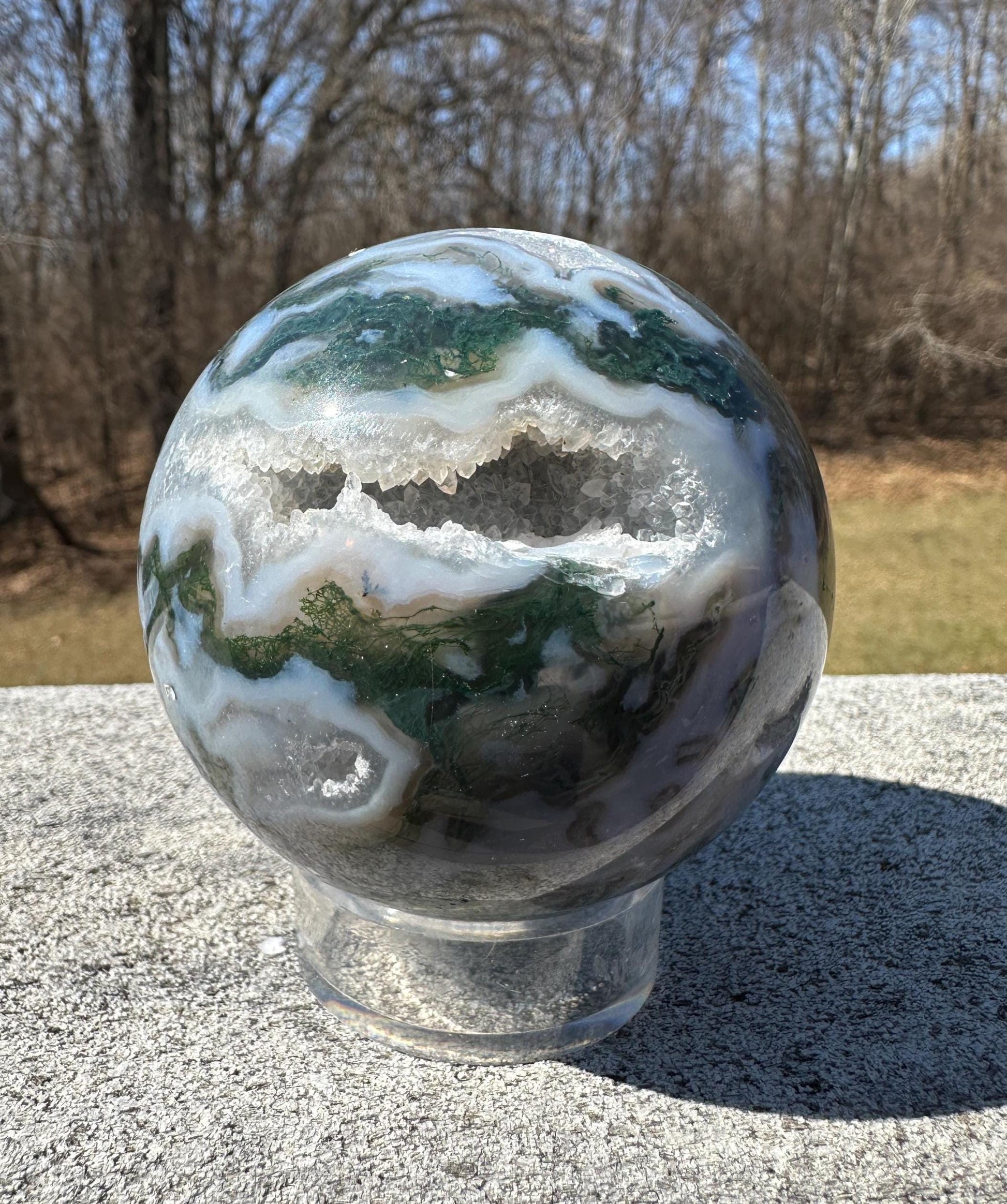 Beautiful 75mm Moss Agate Sphere Carving with Quartz and Druzy