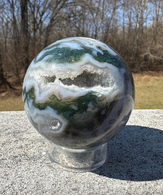 Beautiful 75mm Moss Agate Sphere Carving with Quartz and Druzy