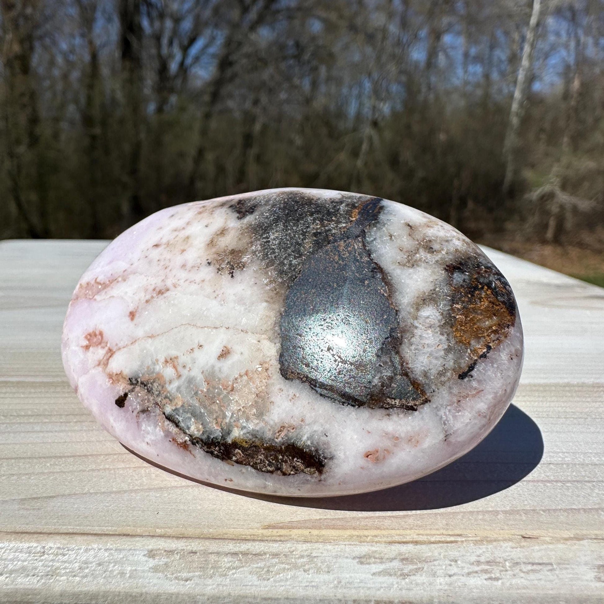 Pretty Pink Aragonite Palm Stone with Hematite