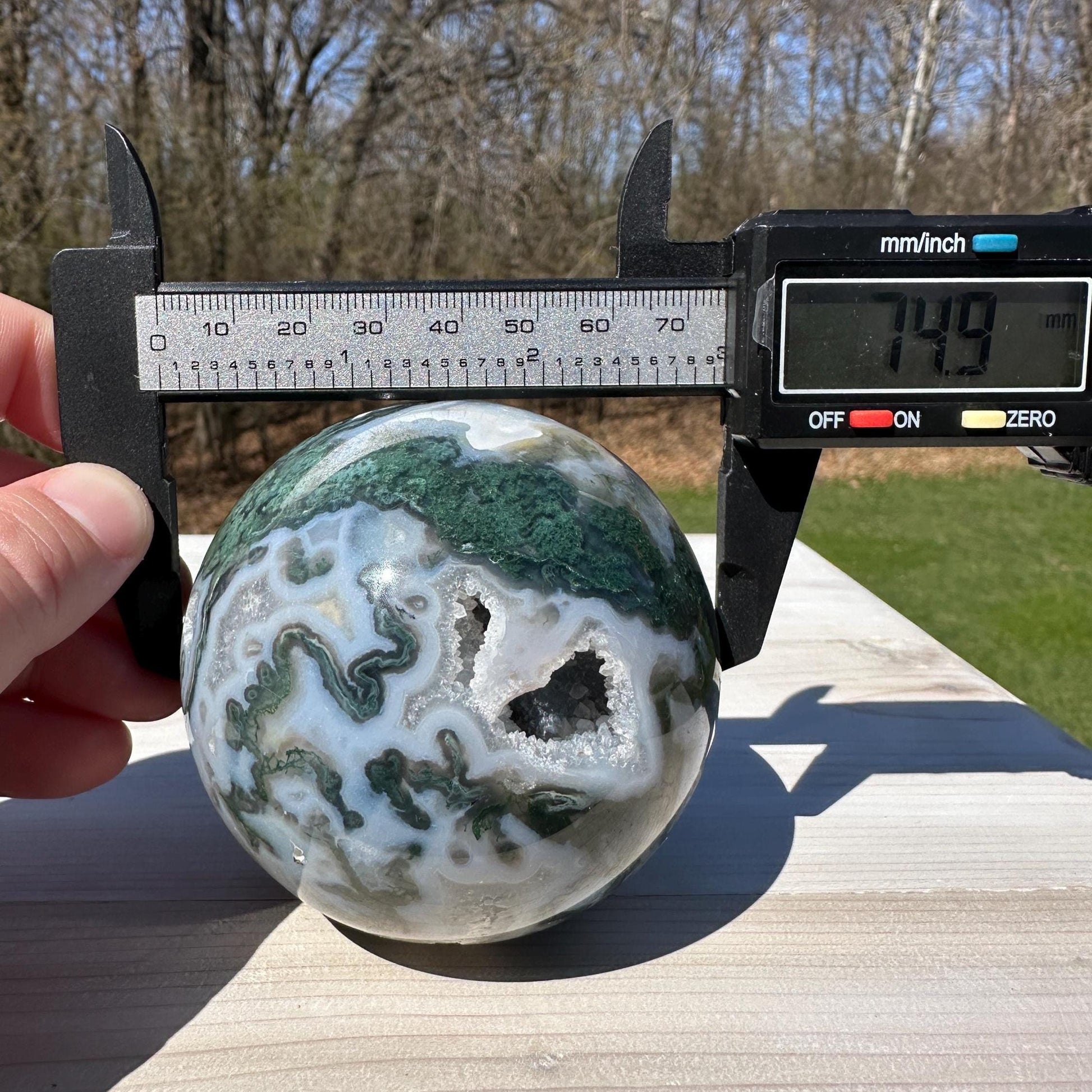 Beautiful 75mm Moss Agate Sphere Carving with Quartz and Druzy