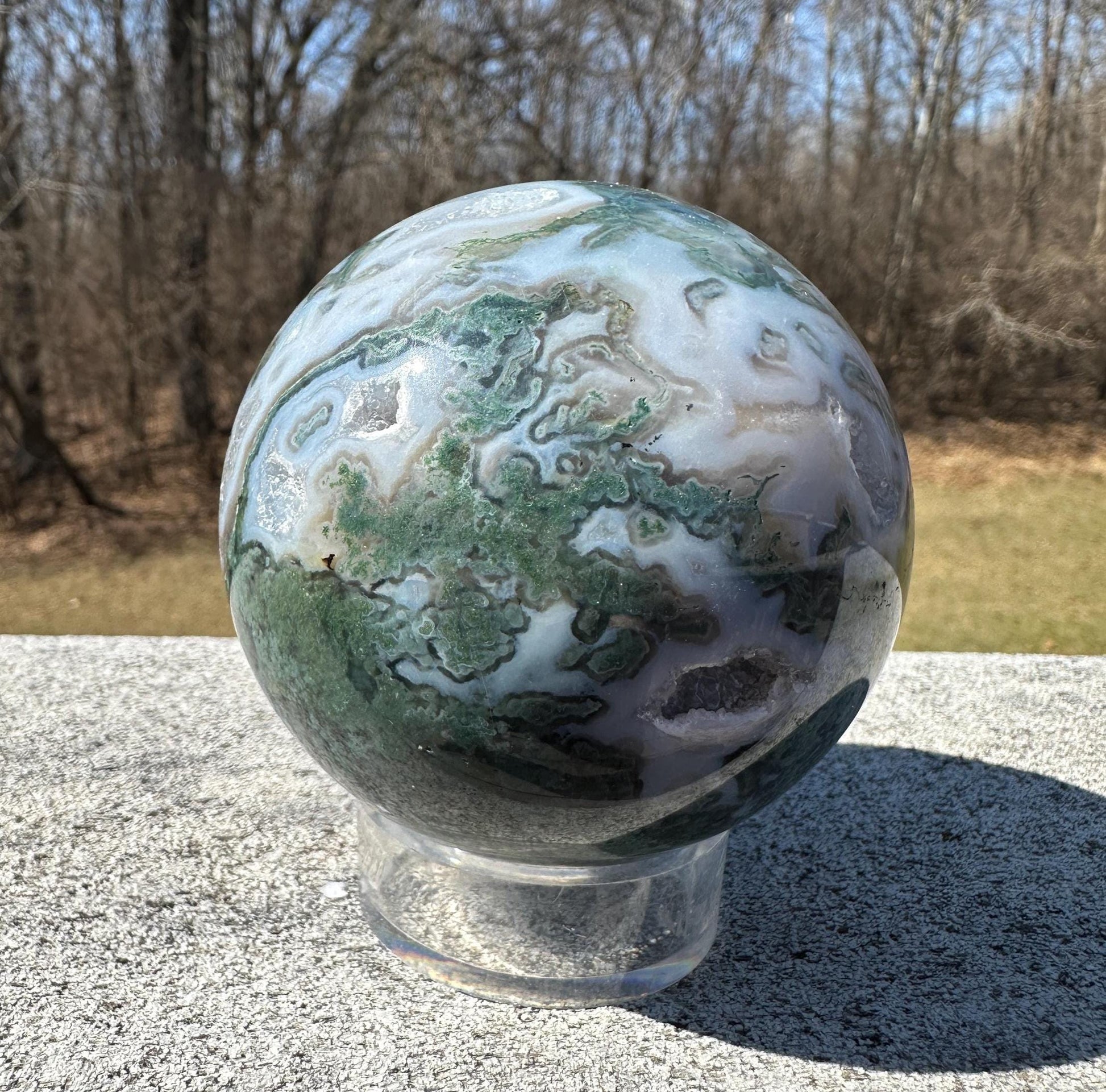 Beautiful 75mm Moss Agate Sphere Carving with Quartz and Druzy