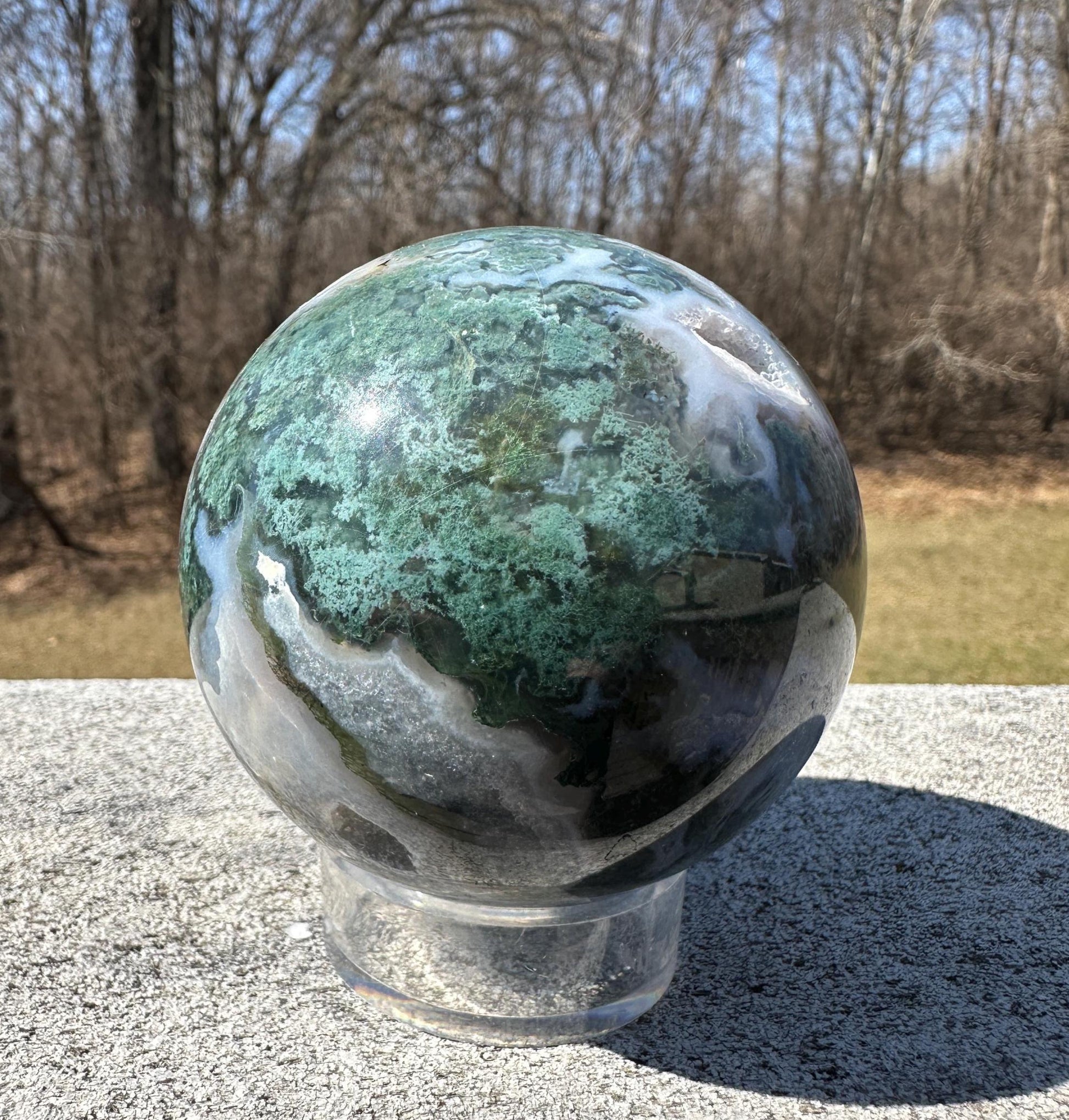 Beautiful 75mm Moss Agate Sphere Carving with Quartz and Druzy