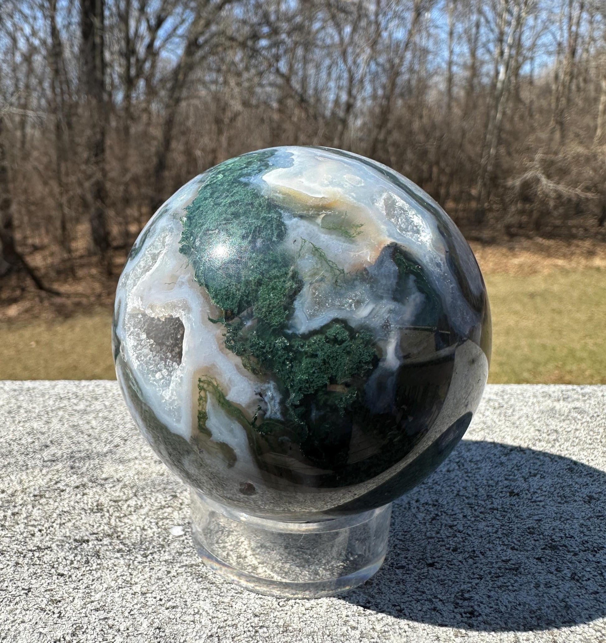 Beautiful 75mm Moss Agate Sphere Carving with Quartz and Druzy