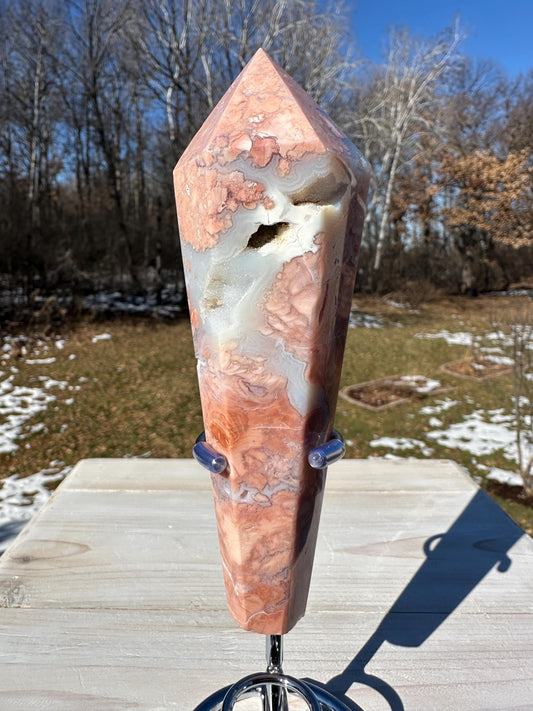 Gorgeous Pink Agate Freeform with Druzy Pocket and Stand