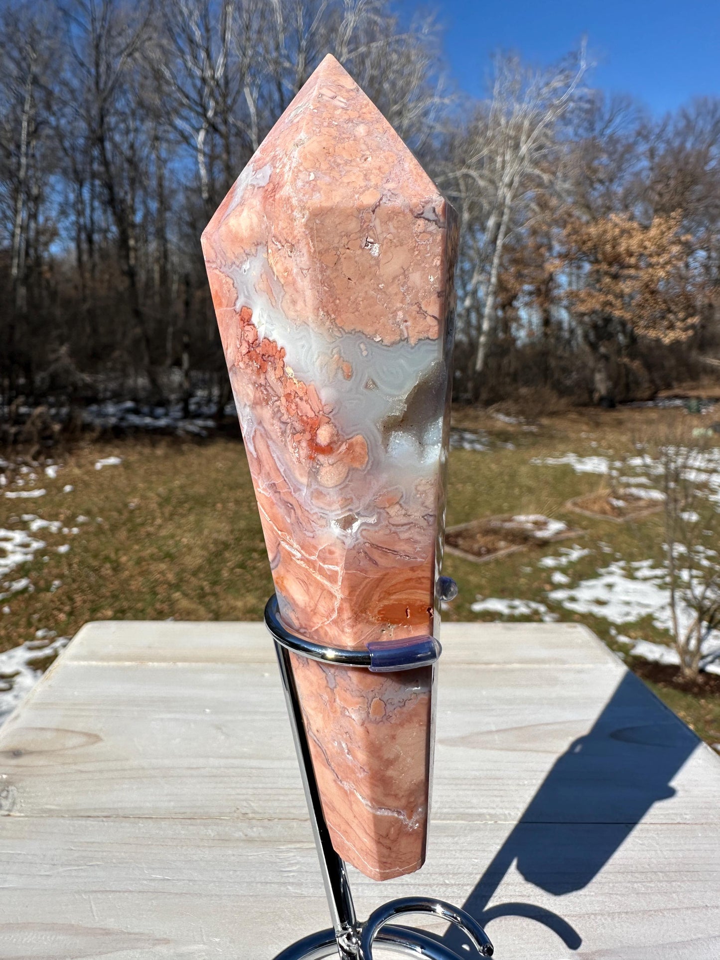 Gorgeous Pink Agate Freeform with Druzy Pocket and Stand