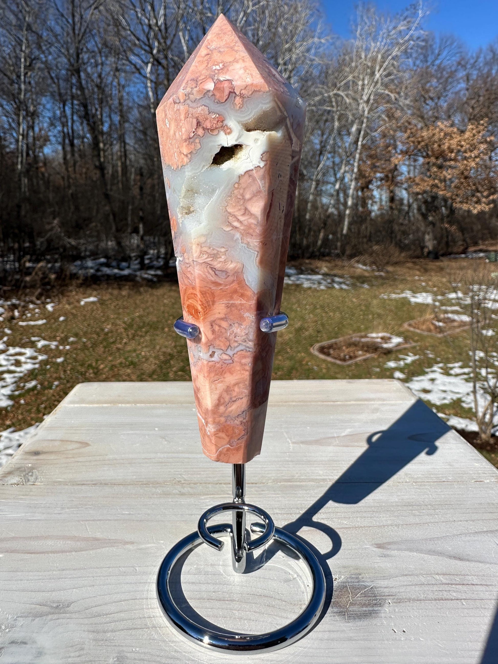 Gorgeous Pink Agate Freeform with Druzy Pocket and Stand