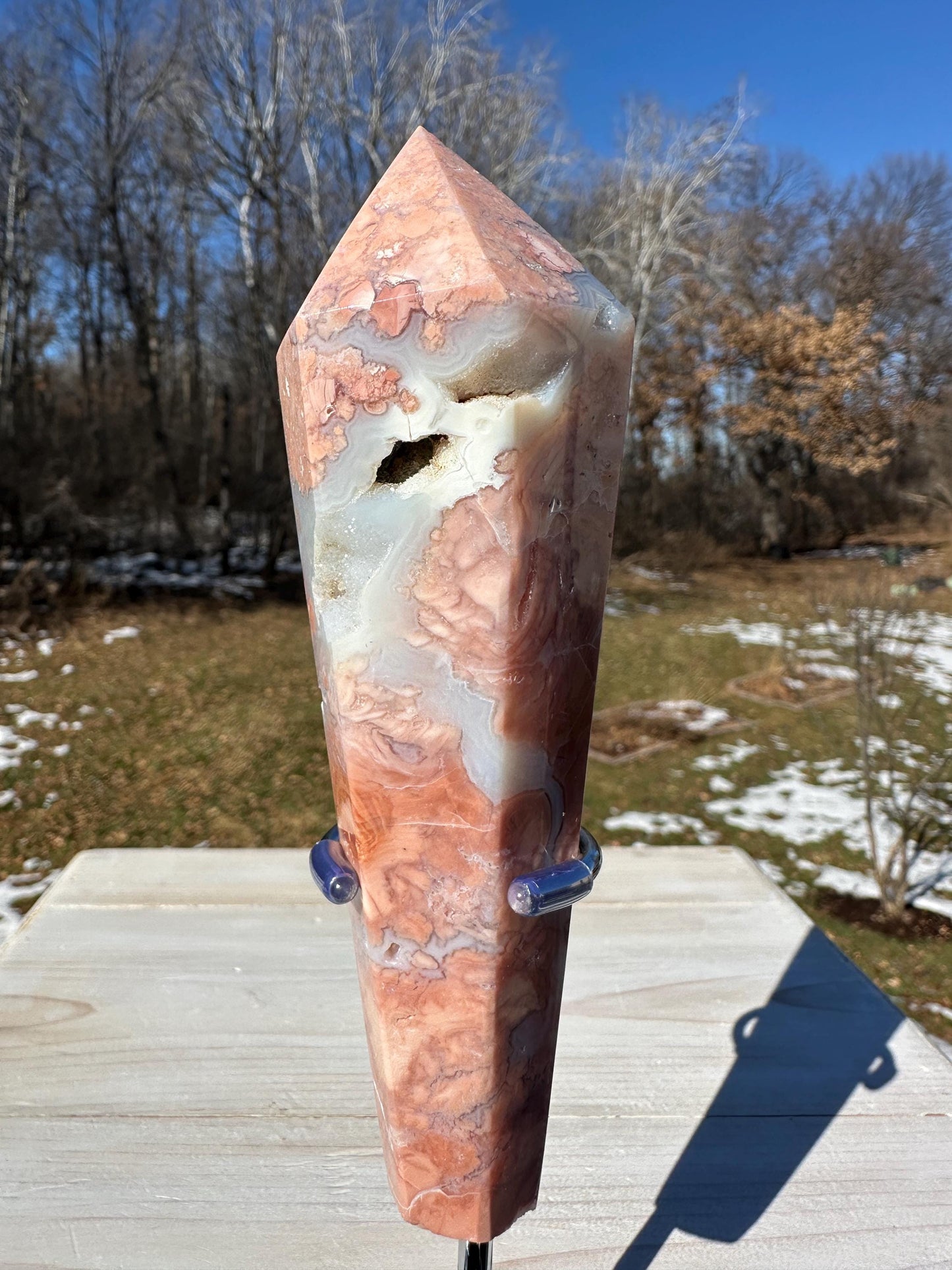 Gorgeous Pink Agate Freeform with Druzy Pocket and Stand