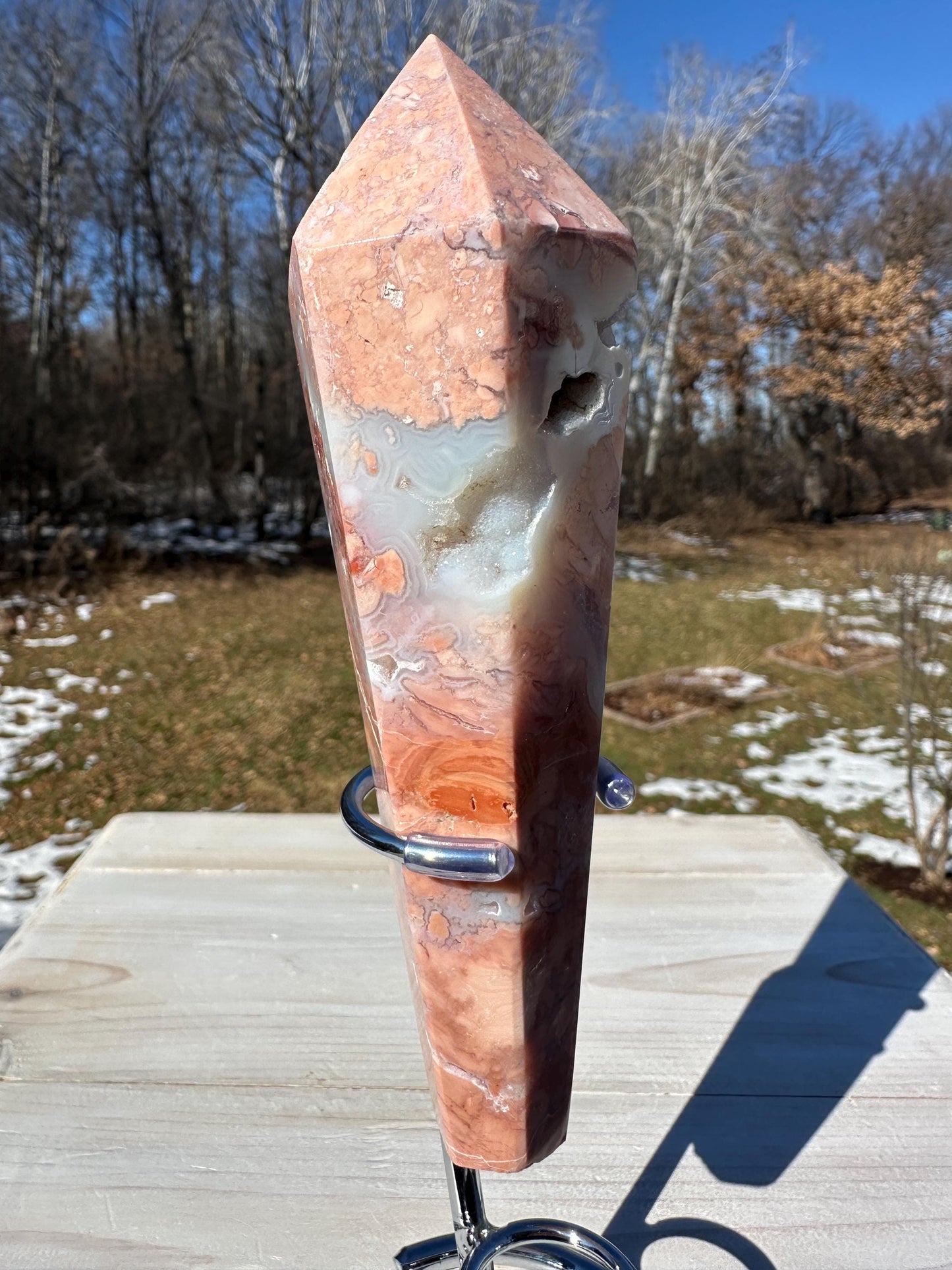 Gorgeous Pink Agate Freeform with Druzy Pocket and Stand