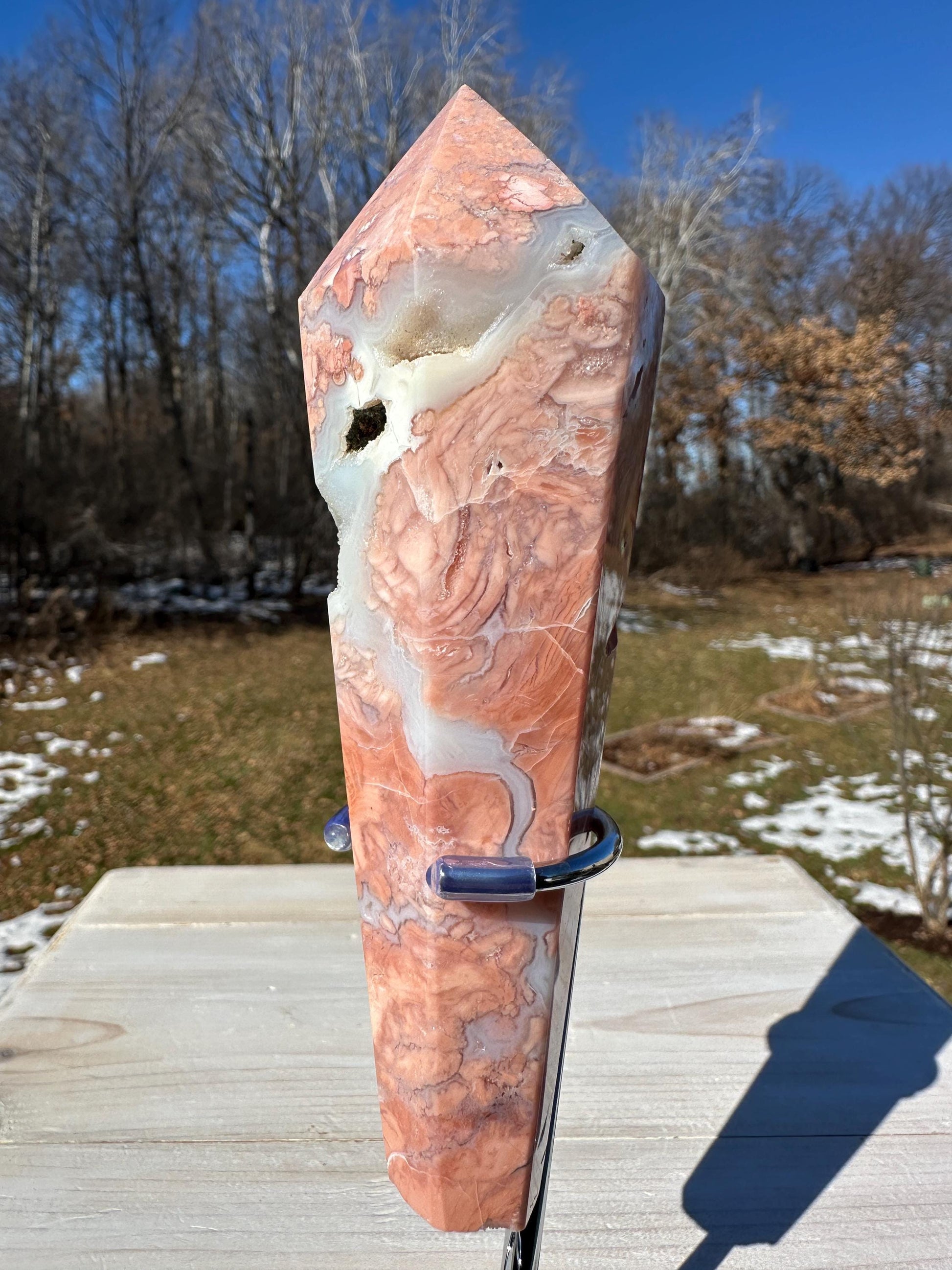 Gorgeous Pink Agate Freeform with Druzy Pocket and Stand