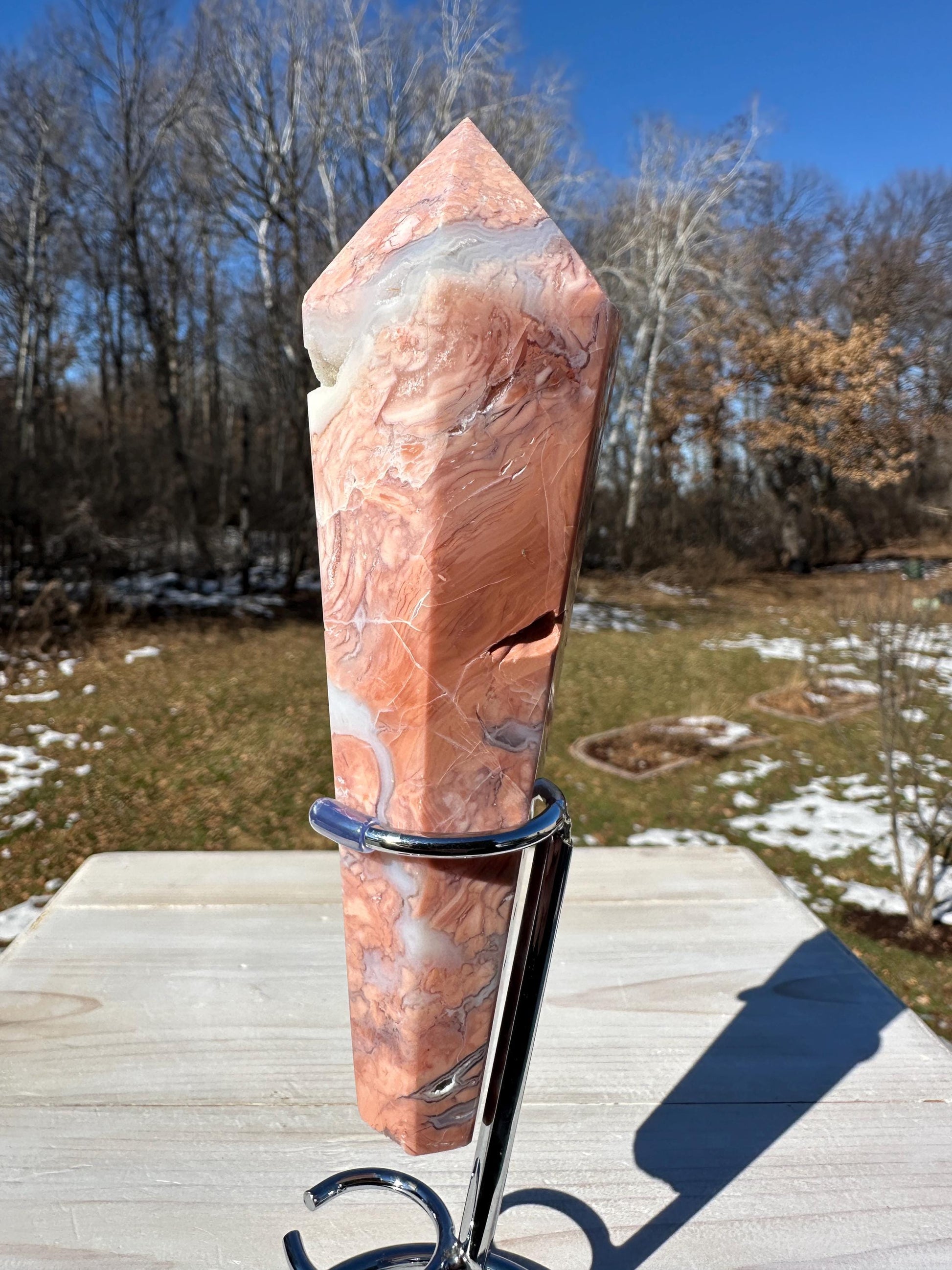 Gorgeous Pink Agate Freeform with Druzy Pocket and Stand