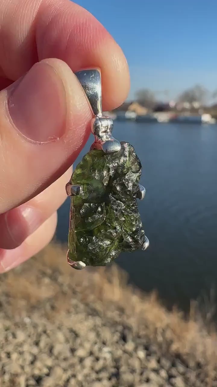 One (1) Moldavite 925 Pendant | Raw Rough Green Gemstone | Sterling Silver Authentic Necklace | Genuine Moldavite | Healing Stone