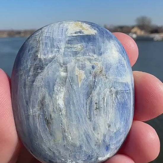 Gorgeous High Quality Polished Blue Kyanite Palm Stone from India | Tucson Exclusive