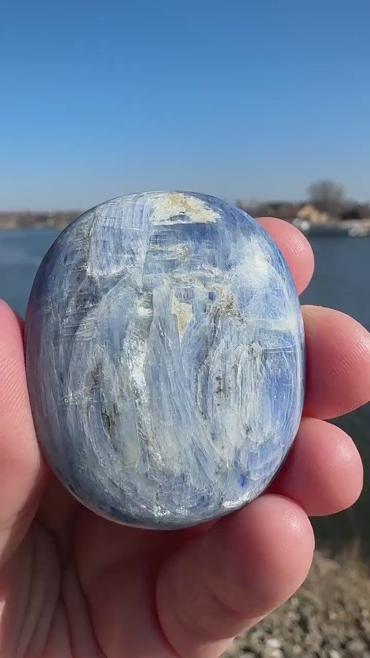 Gorgeous High Quality Polished Blue Kyanite Palm Stone from India | Tucson Exclusive