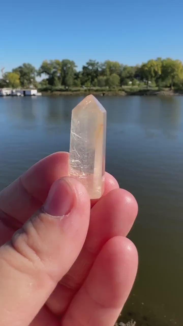 Mini Peach Amphibole Quartz Polished Point from Brazil | Pink Amphibole | Angel Wing Phantom Quartz | Angel Hair Quartz