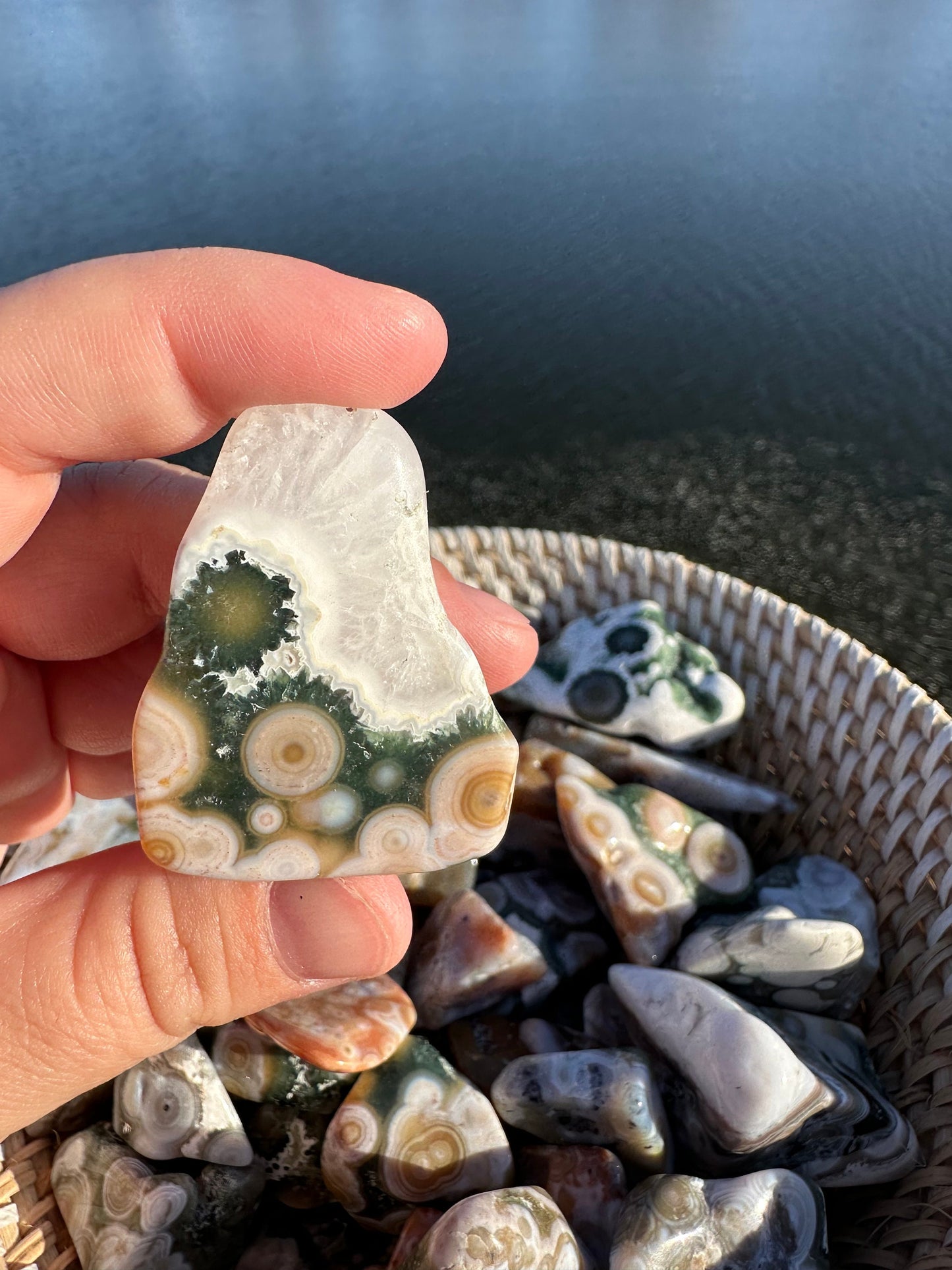 One (1) 8th Vein Ocean Jasper Tumble | 8th Vein Ocean Jasper | 8th Vein Ocean Jasper Palm Stone | Ocean Jasper Vein 8 | Vein 8 Ocean Jasper