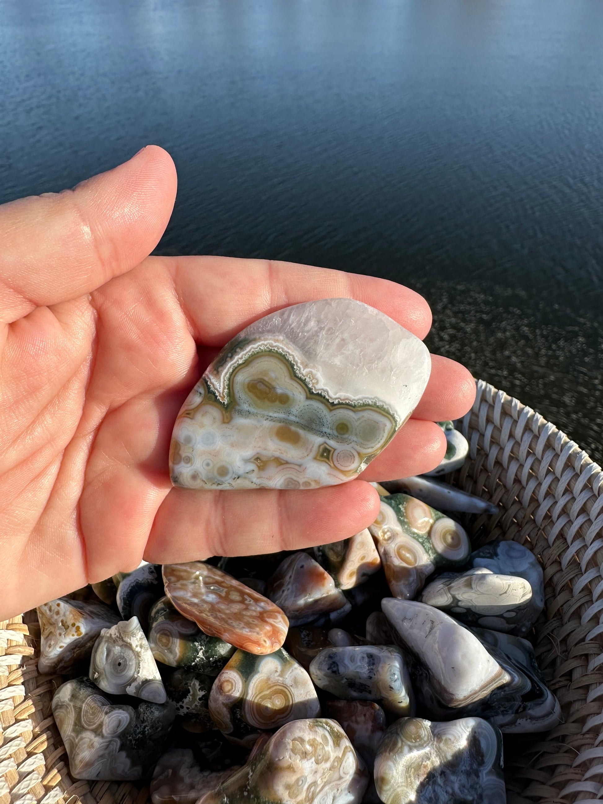 One (1) 8th Vein Ocean Jasper Tumble | 8th Vein Ocean Jasper | 8th Vein Ocean Jasper Palm Stone | Ocean Jasper Vein 8 | Vein 8 Ocean Jasper