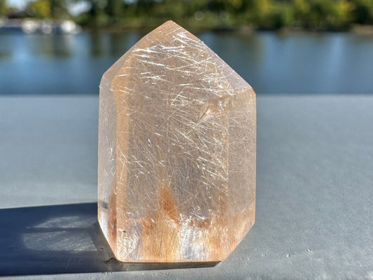 Mini Peach Amphibole Quartz Polished Point from Brazil | Pink Amphibole | Angel Wing Phantom Quartz | Angel Hair Quartz