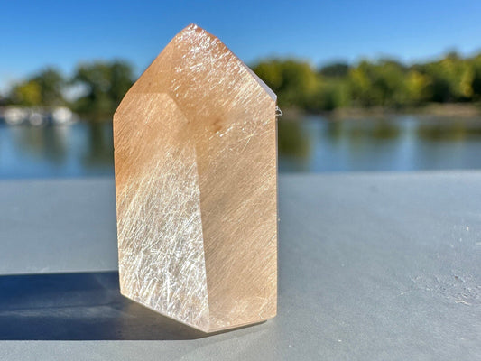 Mini Peach Amphibole Quartz Polished Point from Brazil | Pink Amphibole | Angel Wing Phantom Quartz | Angel Hair Quartz